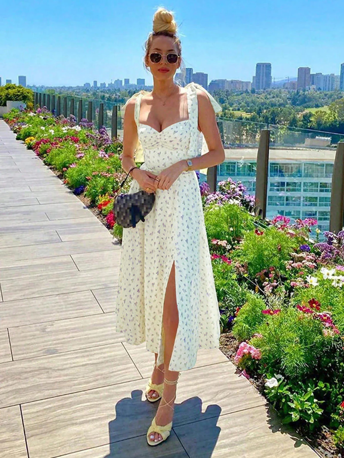 Chic YC Women's Floral Print Tie Strap Midi Dress Elegant Sweetheart Split Boho Summer Dress - Image 6