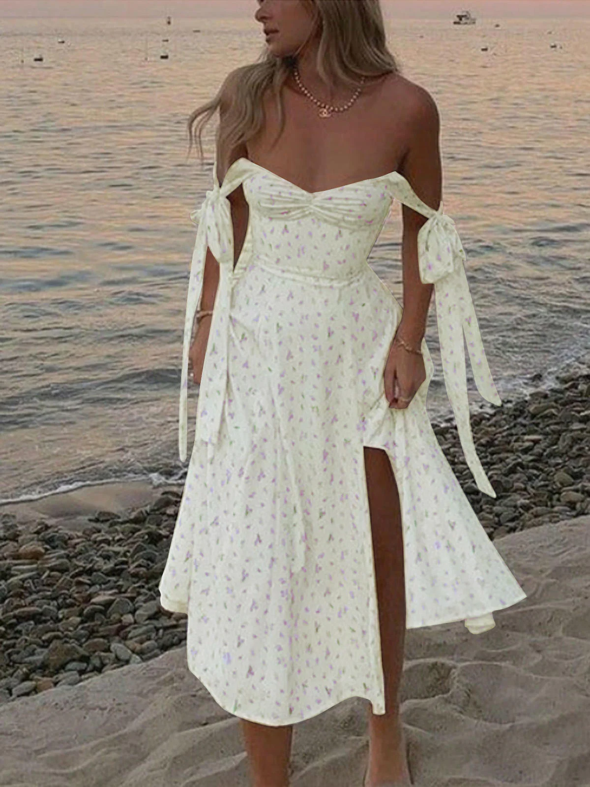 Chic YC Women's Floral Print Tie Strap Midi Dress Elegant Sweetheart Split Boho Summer Dress - Image 9