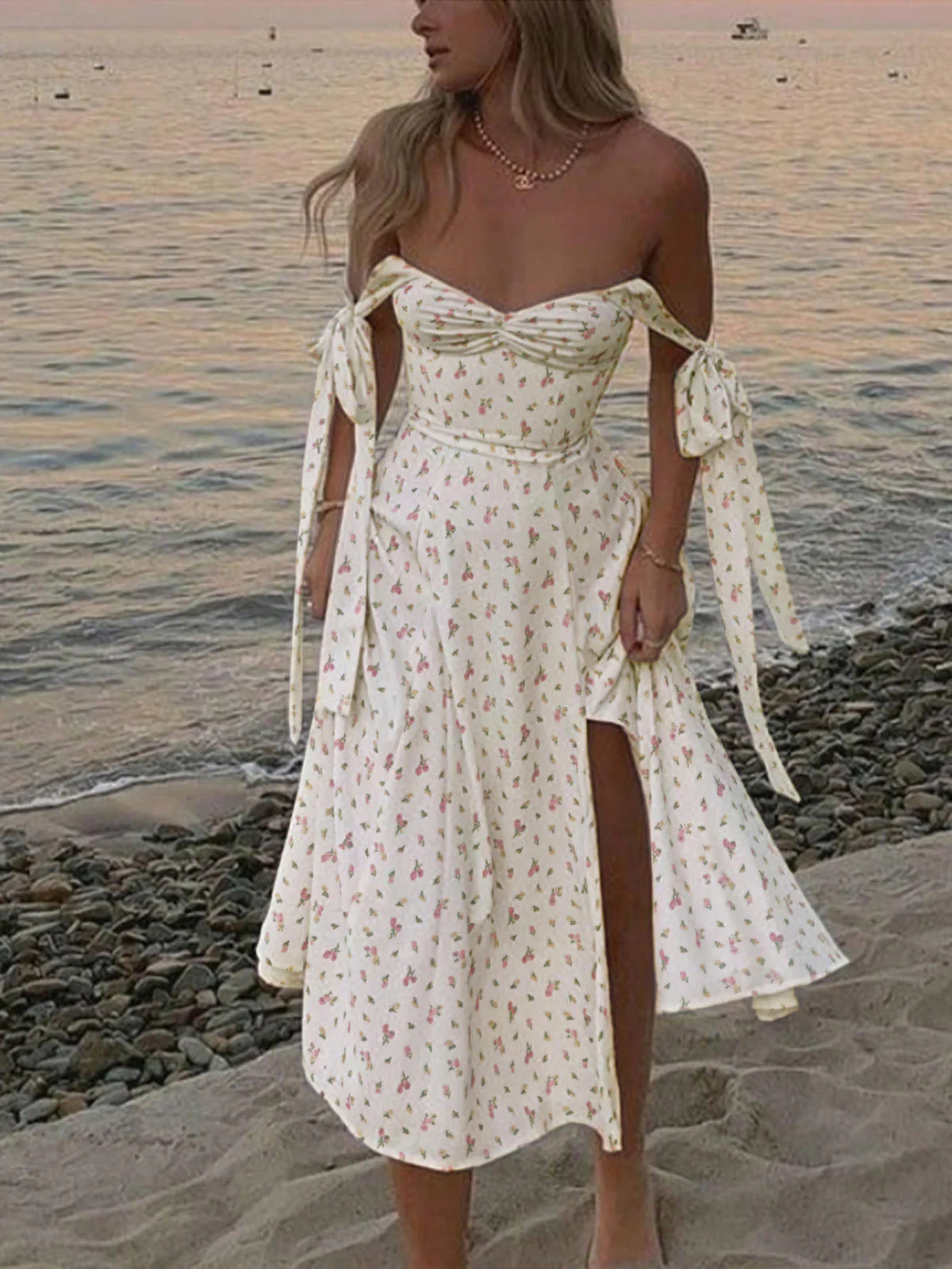 Chic YC Women's Floral Tie Shoulder Midi Dress Sweetheart Neck Ruched Bust Summer Casual Party Dress - Image 12