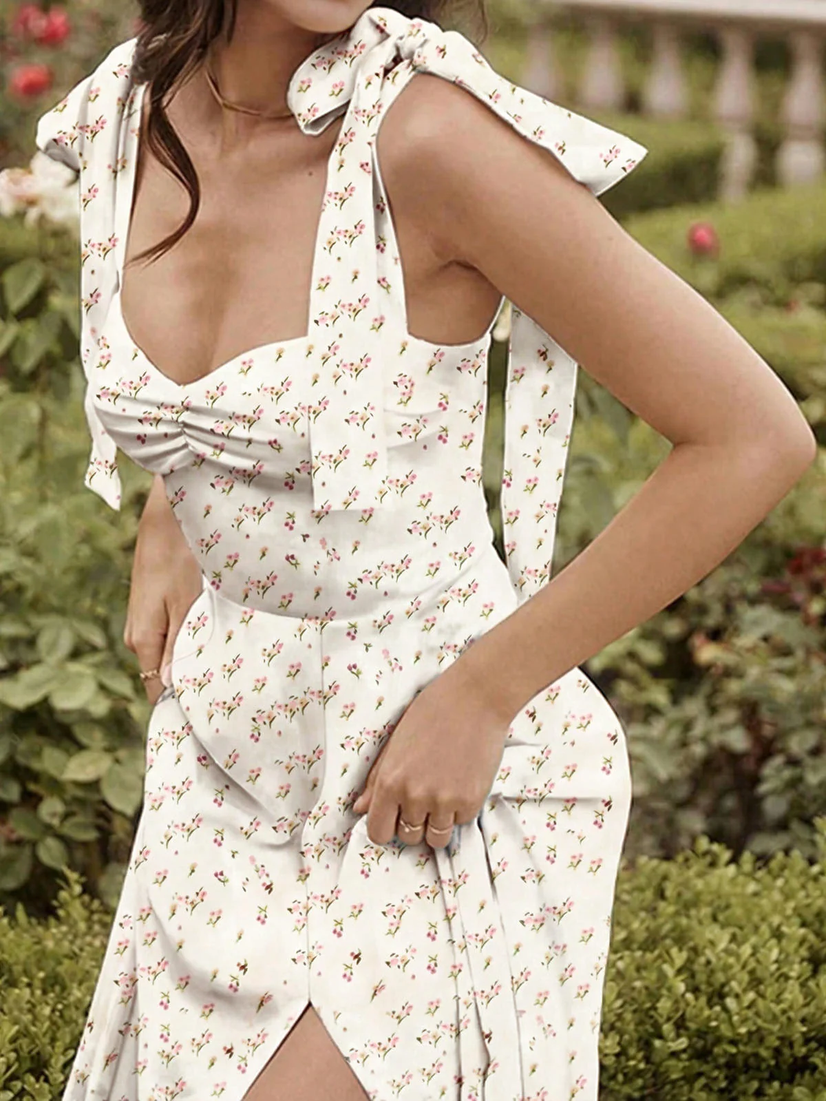 Chic YC Women's Floral Tie Shoulder Midi Dress Sweetheart Neck Ruched Bust Summer Casual Party Dress - Image 6