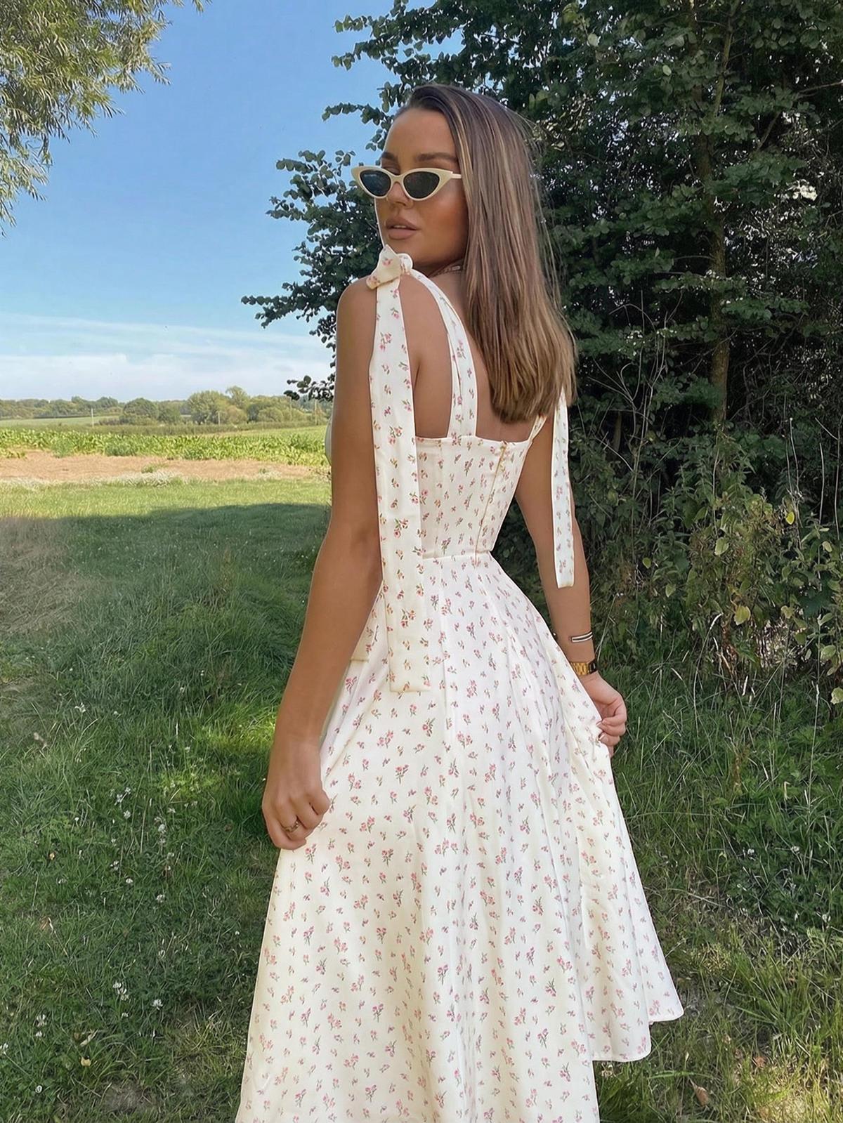 Chic YC Women's Floral Tie Shoulder Midi Dress Sweetheart Neck Ruched Bust Summer Casual Party Dress - Image 7