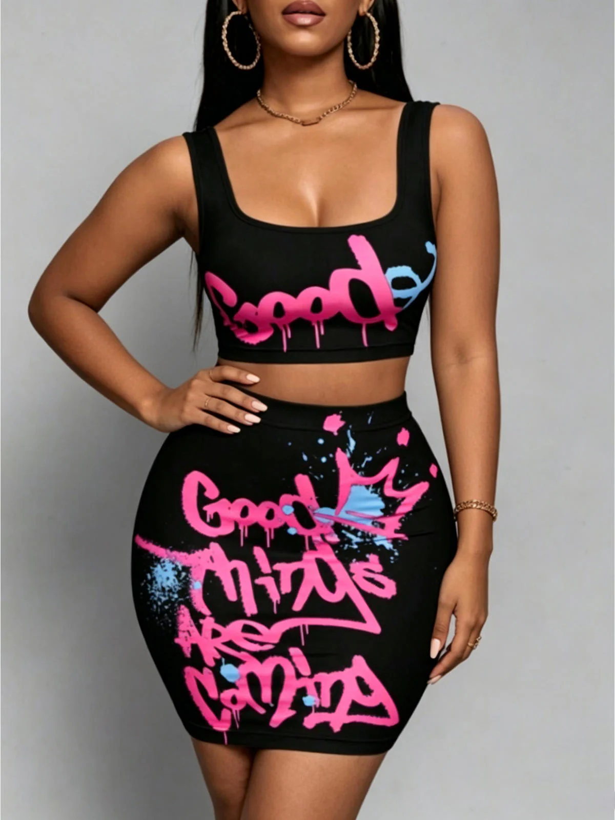 Chic YC Women's Graffiti Print Crop Tank Top and Mini Skirt 2 Piece Set Summer Streetwear Co-Ord - Image 2