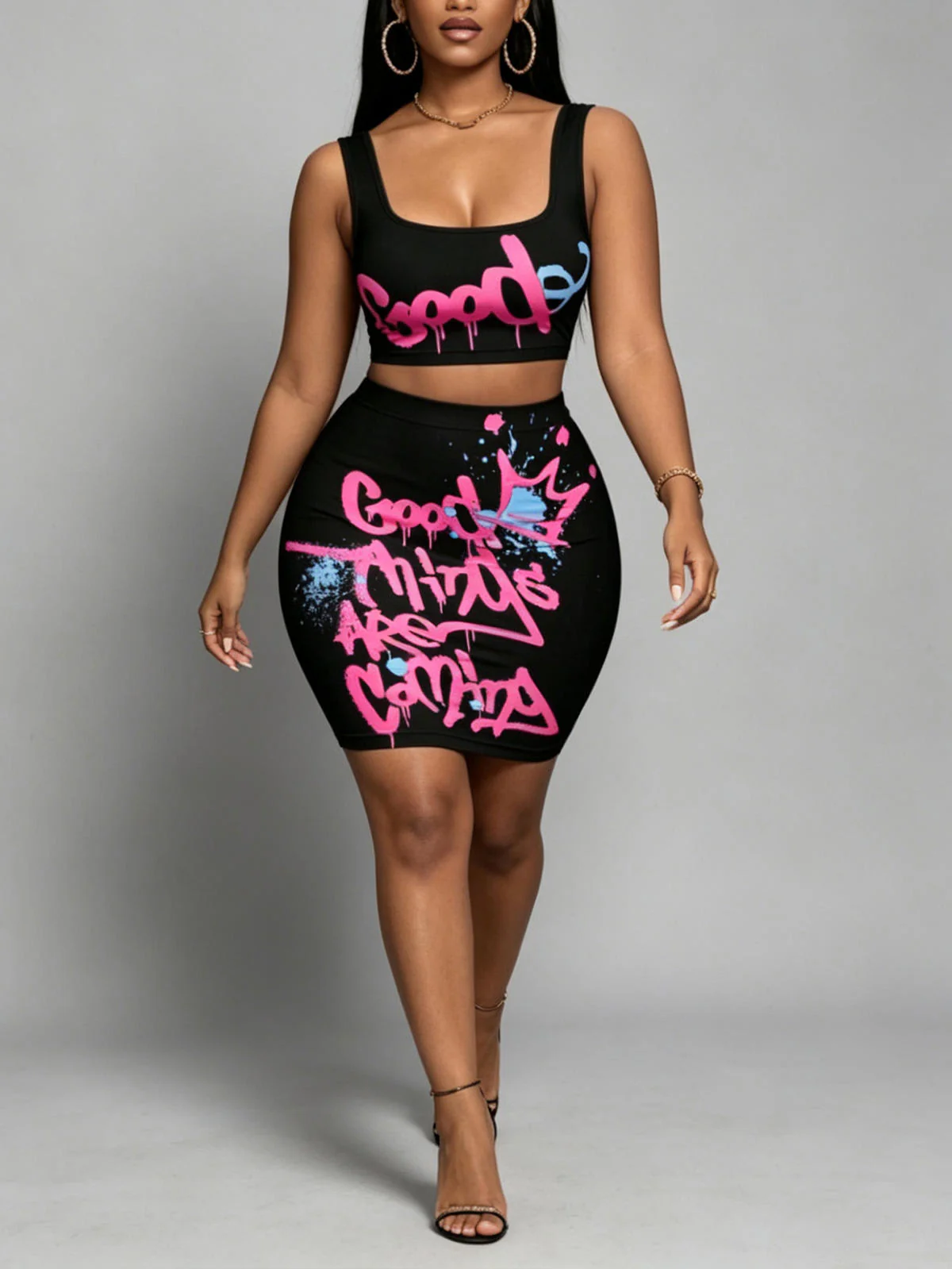 Chic YC Women's Graffiti Print Crop Tank Top and Mini Skirt 2 Piece Set Summer Streetwear Co-Ord - Image 3