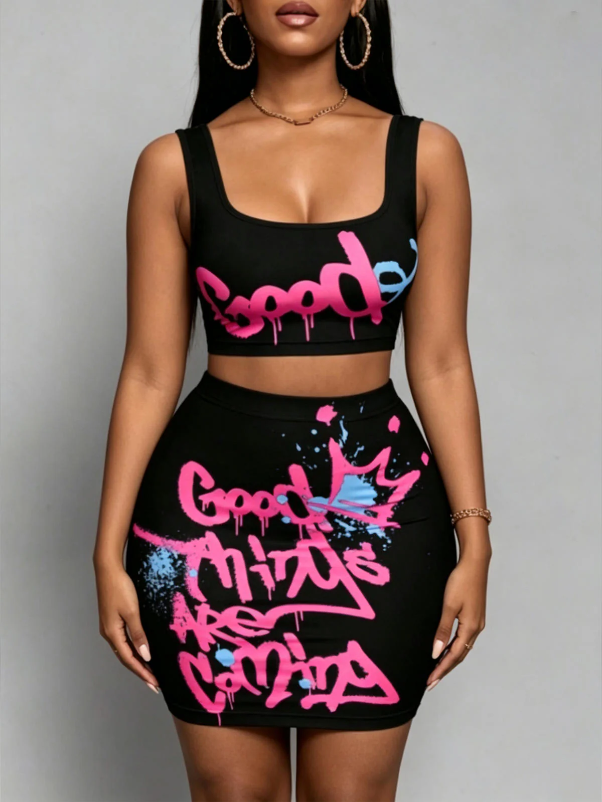 Chic YC Women's Graffiti Print Crop Tank Top and Mini Skirt 2 Piece Set Summer Streetwear Co-Ord - Image 4