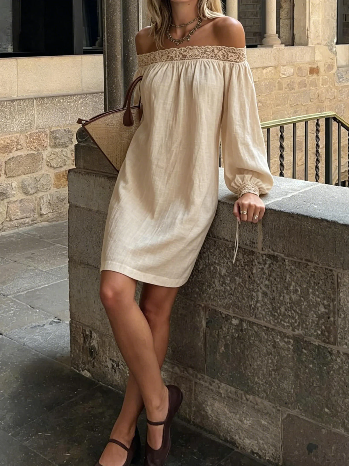 Chic YC Women's Lace Trim Off-Shoulder Long Sleeve Mini Dress Casual Summer Boho Shift Dress with Pockets - Image 6