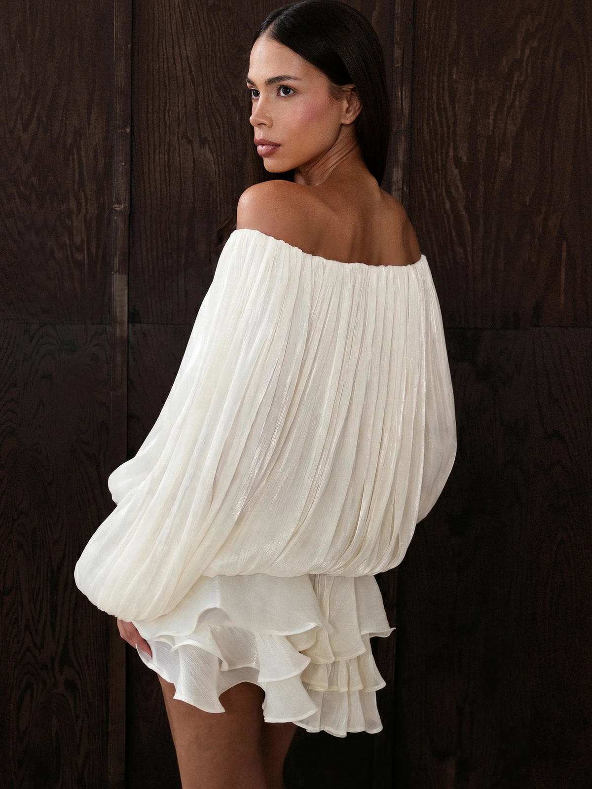 Chic YC Women's Off-Shoulder Pleated Ruffle Hem Mini Dress Long Sleeve Summer Flowy Sundress - Image 4