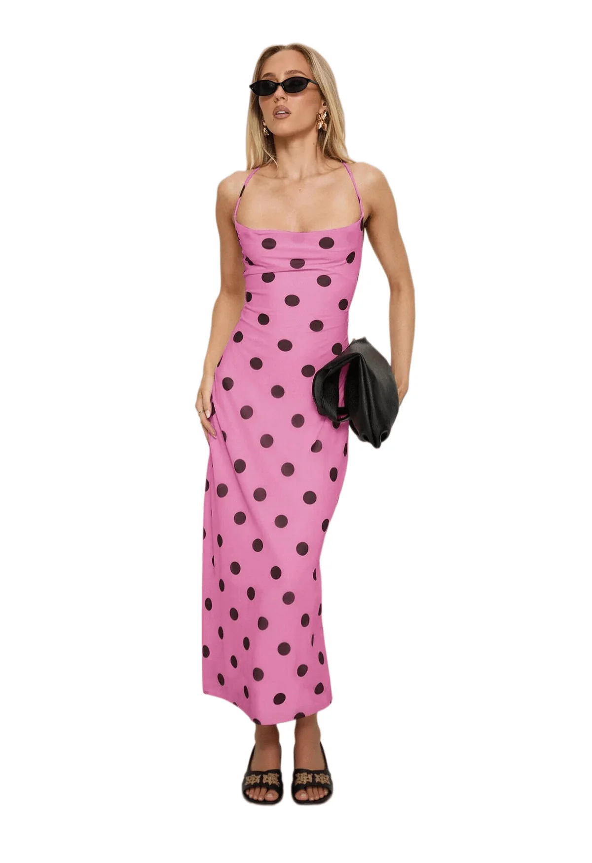 Chic YC Women's Polka Dot Maxi Dress Backless Criss Cross Strap Bodycon Summer Party Dress