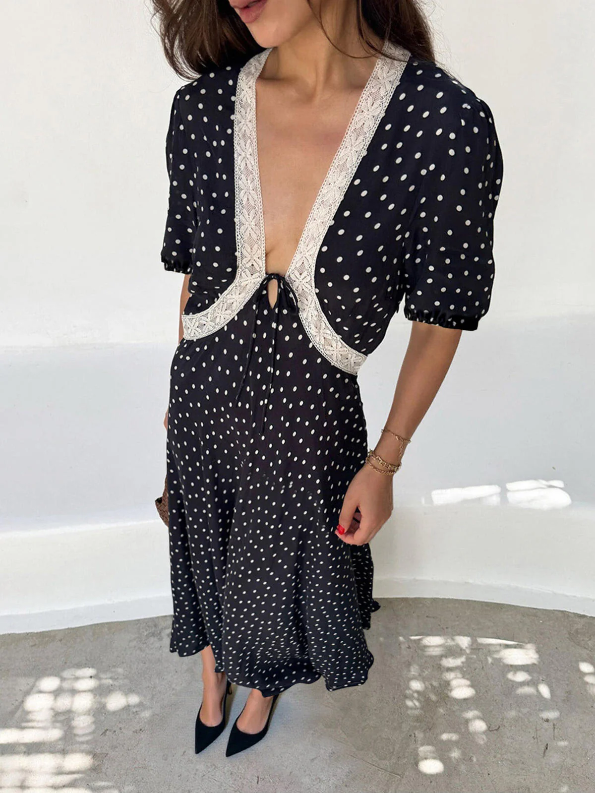 Chic YC Women's Polka Dot Puff Sleeve Maxi Dress Lace Trim Tie Front Boho Summer Dress - Image 7