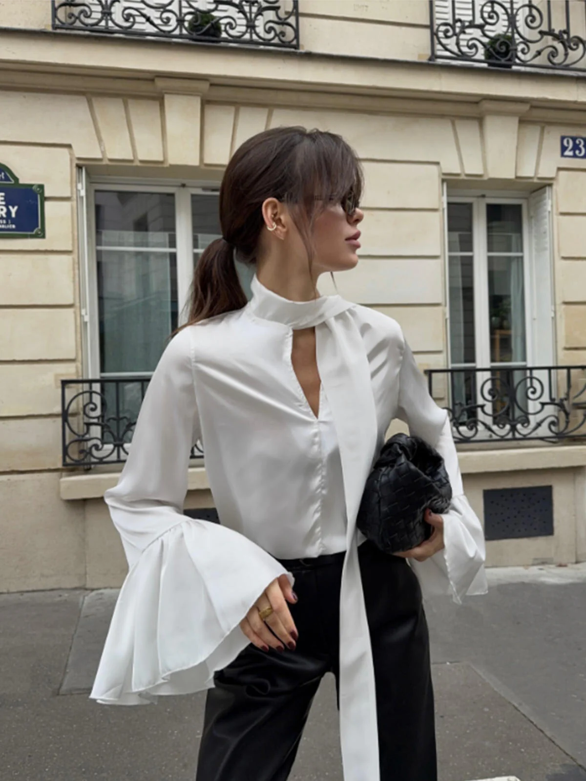 Chic YC Women's Ruffle Bell Sleeve Button Down Shirt Elegant Deep V Neck Party Blouse - Image 12
