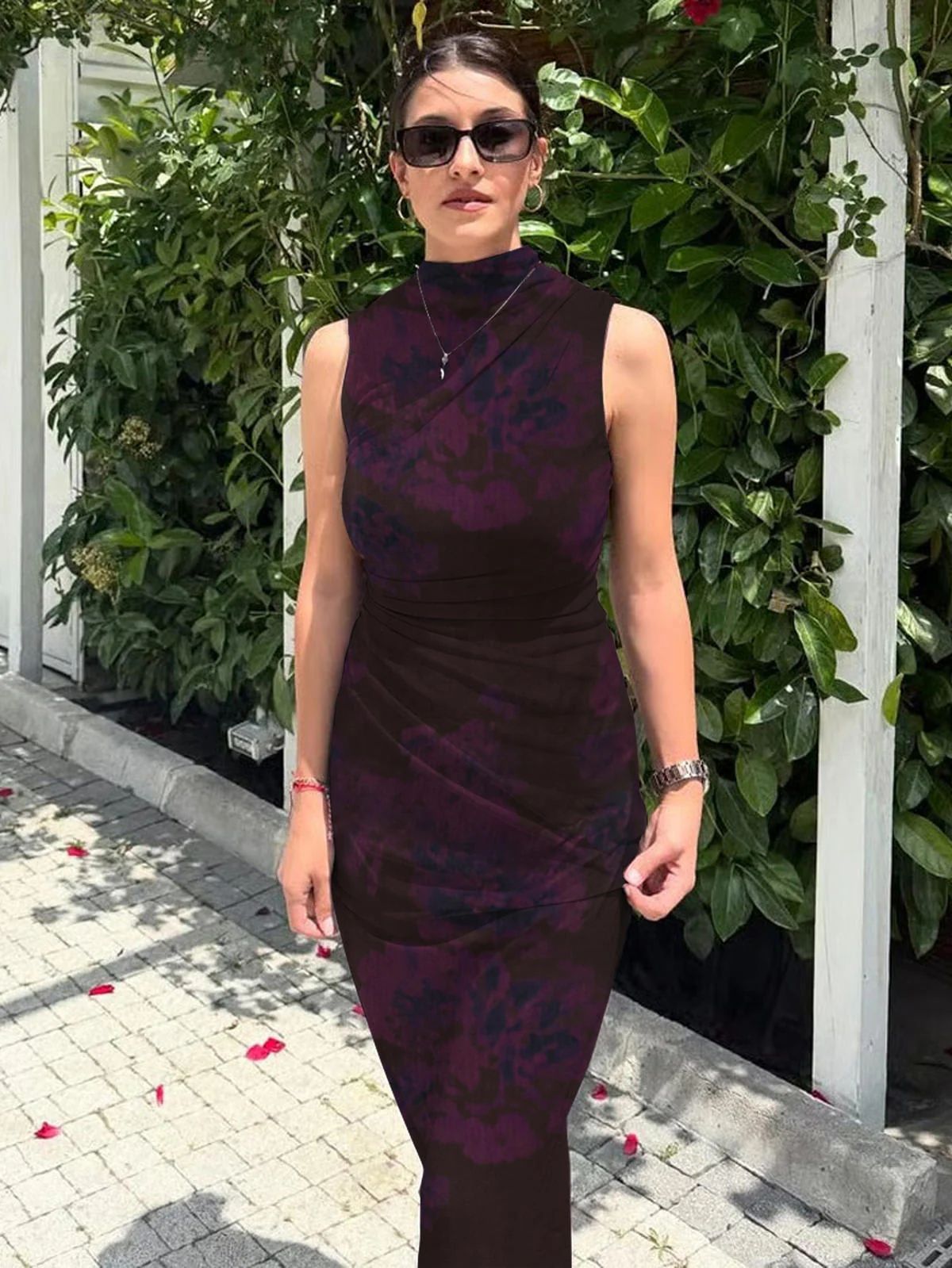 Chic YC Women's Sleeveless Ruched Bodycon Maxi Dress Tie Dye Mock Neck Summer Casual Party Dress - Image 10