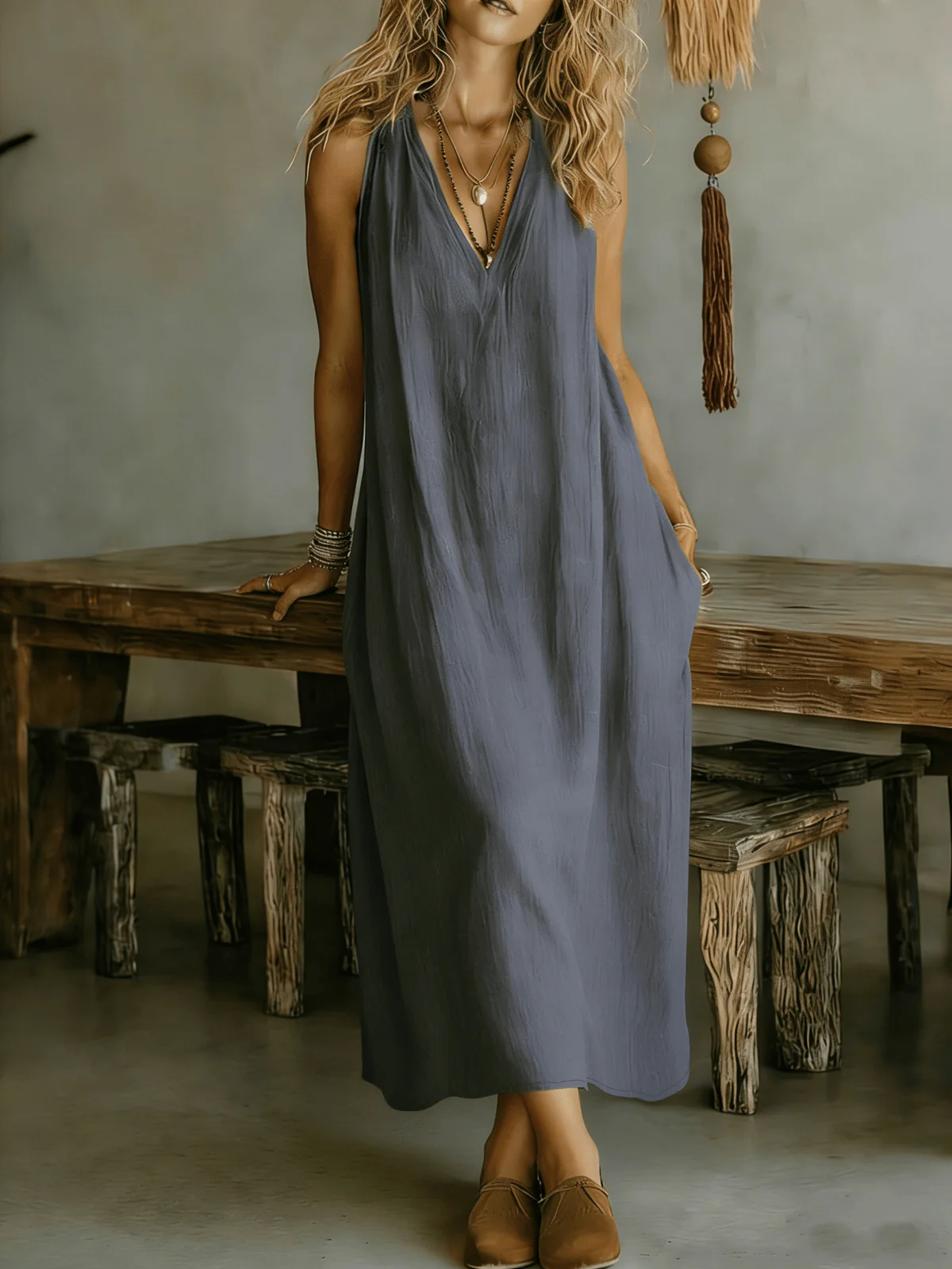 Chic YC Women's Sleeveless V-Neck Linen Blend Maxi Dress Loose Fit Summer Casual Boho Dress - Image 2