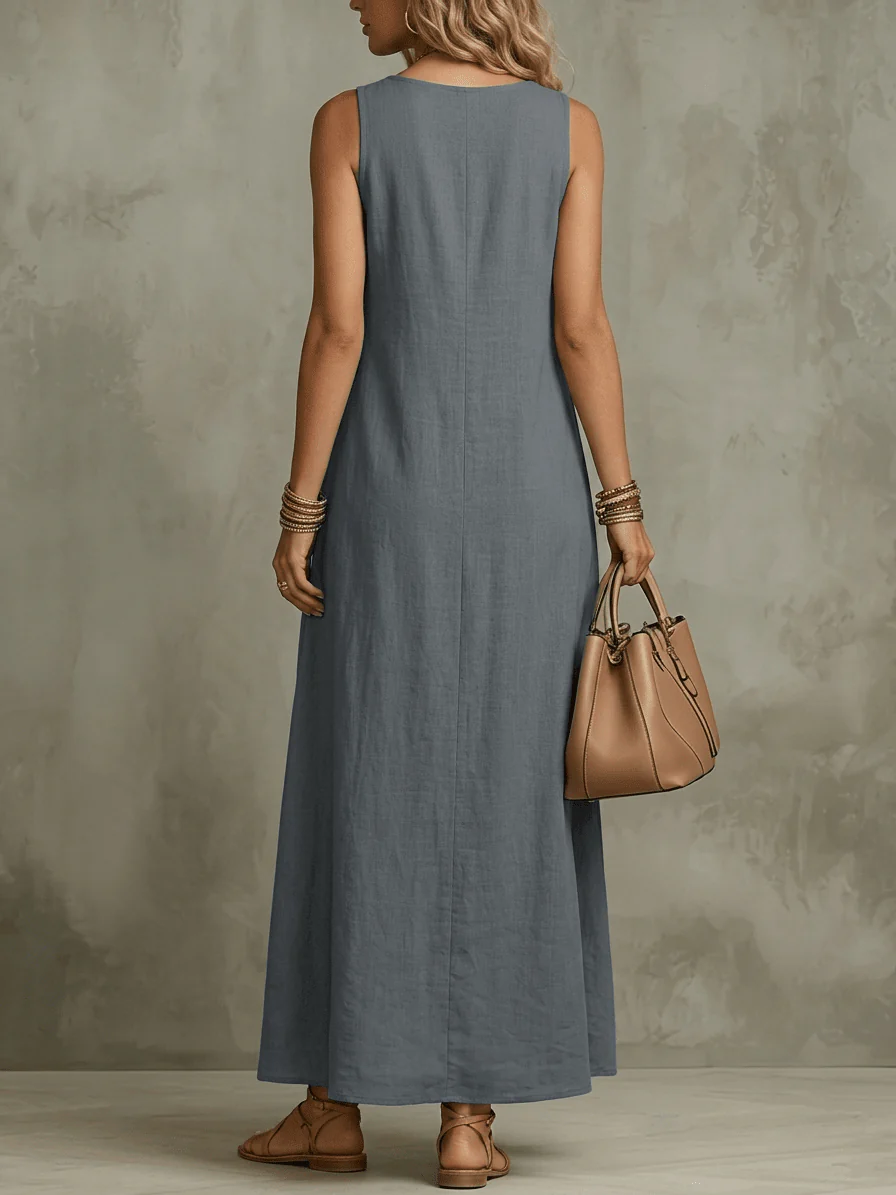 Chic YC Women's Sleeveless V-Neck Linen Blend Maxi Dress Loose Fit Summer Casual Boho Dress - Image 4