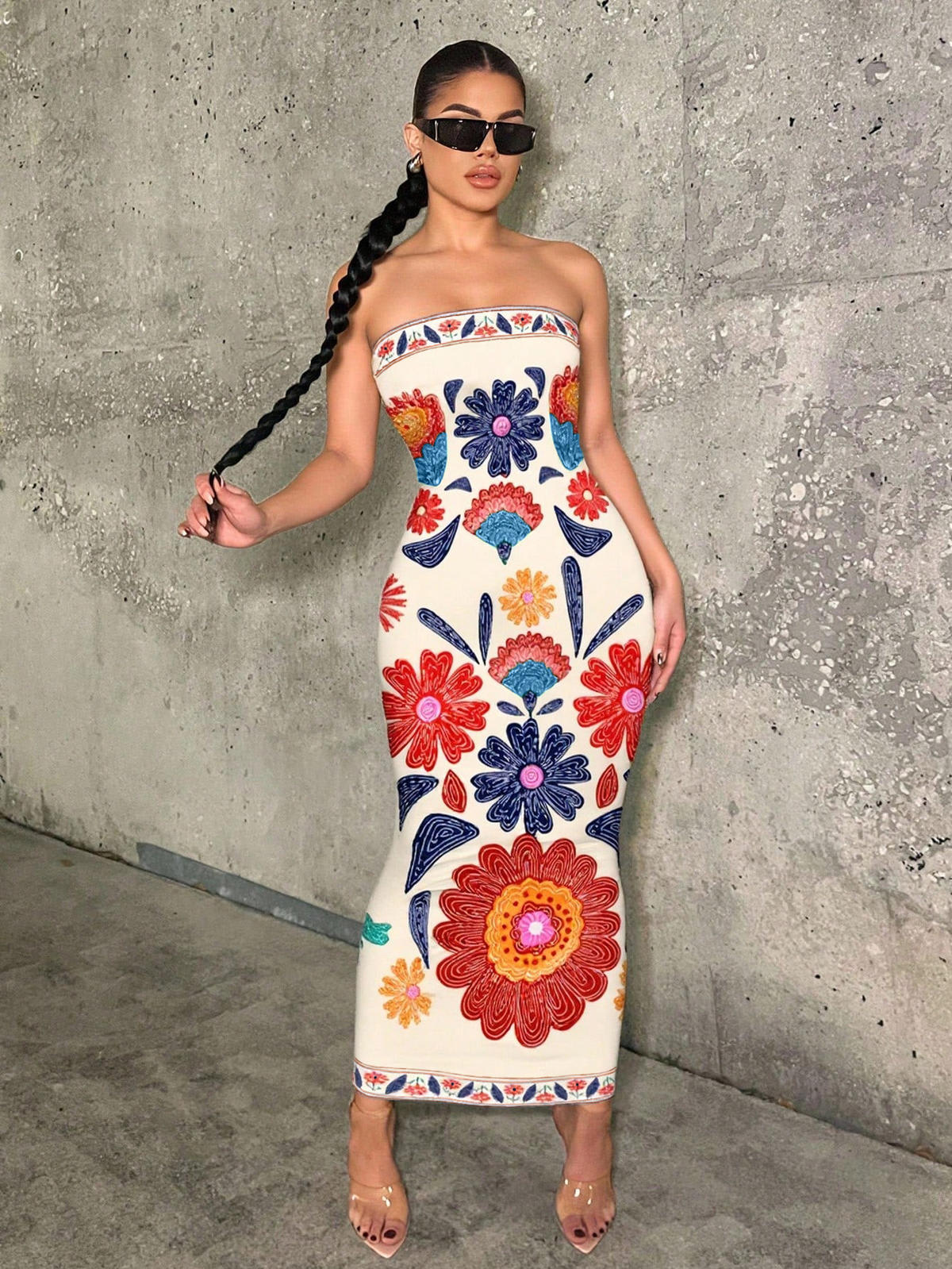Chic YC Women's Strapless Floral Embroidered Bodycon Midi Dress Boho Summer Party Dress - Image 6