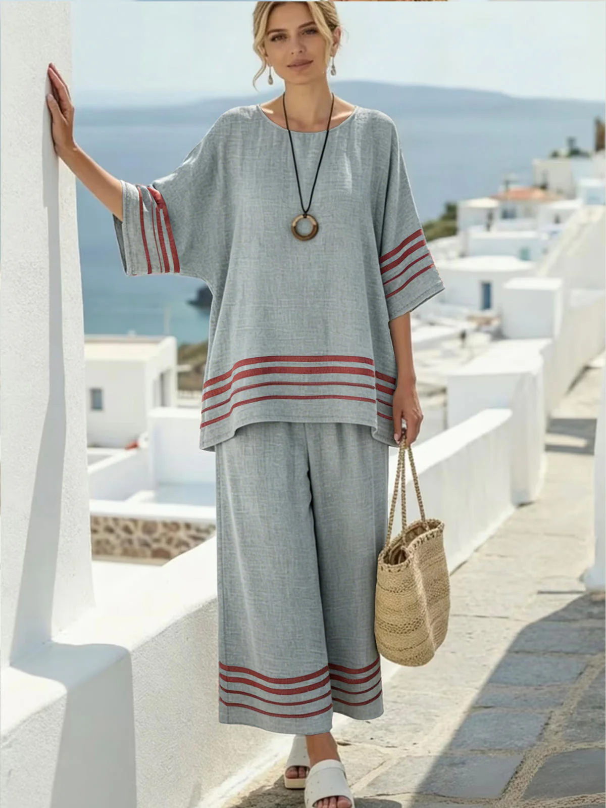 Chic YC Women's Striped Linen Blend Top and Wide-Leg Pants 2 Piece Set Casual Summer Cozy Loungewear - Image 4
