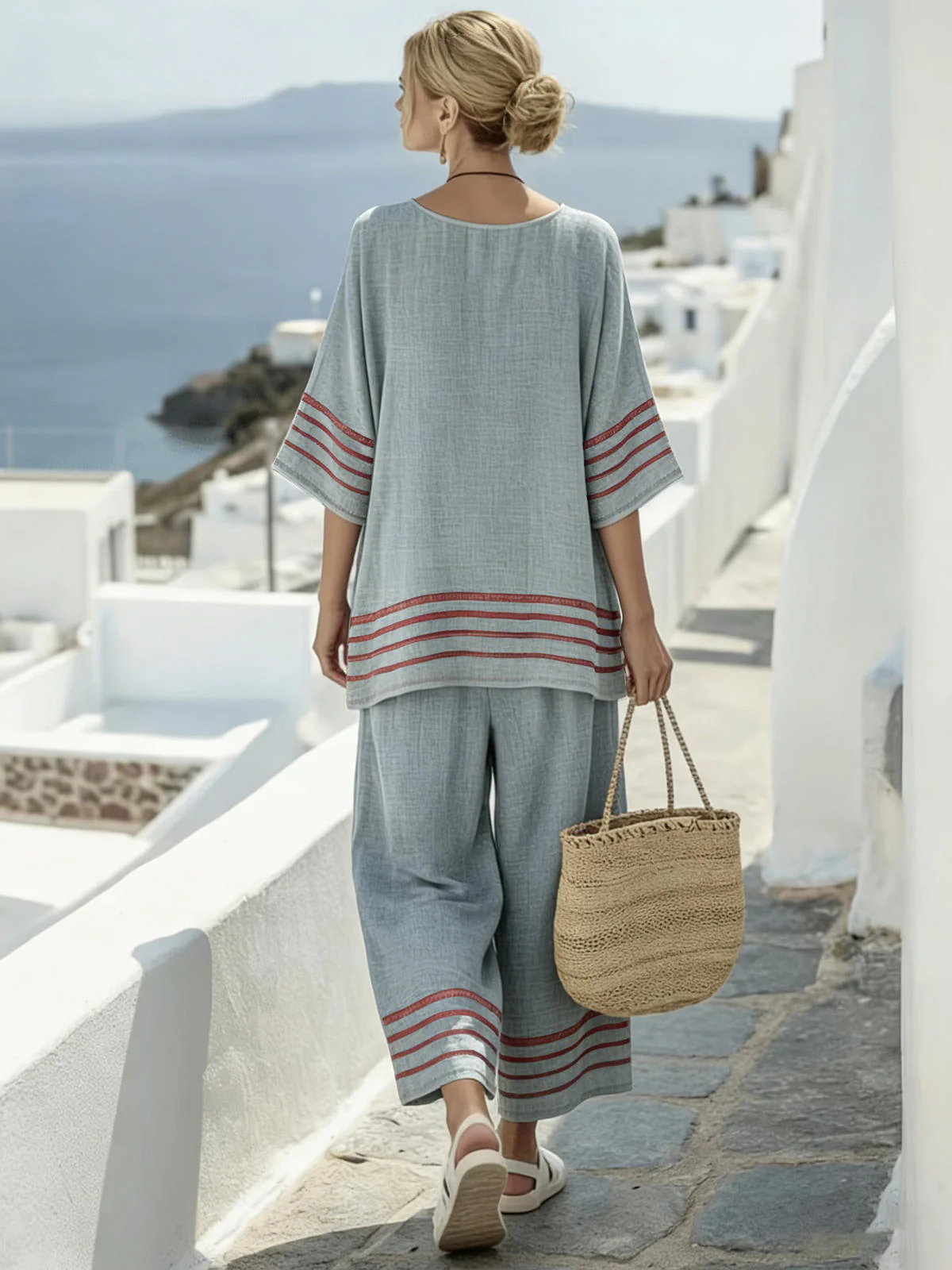 Chic YC Women's Striped Linen Blend Top and Wide-Leg Pants 2 Piece Set Casual Summer Cozy Loungewear - Image 6