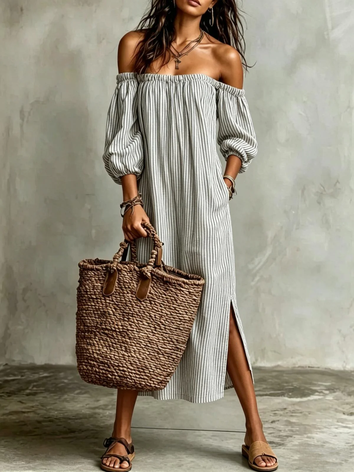Chic YC Women's Striped Off-Shoulder Maxi Dress 3/4 Sleeve Summer Casual Linen Blend Dress - Image 2