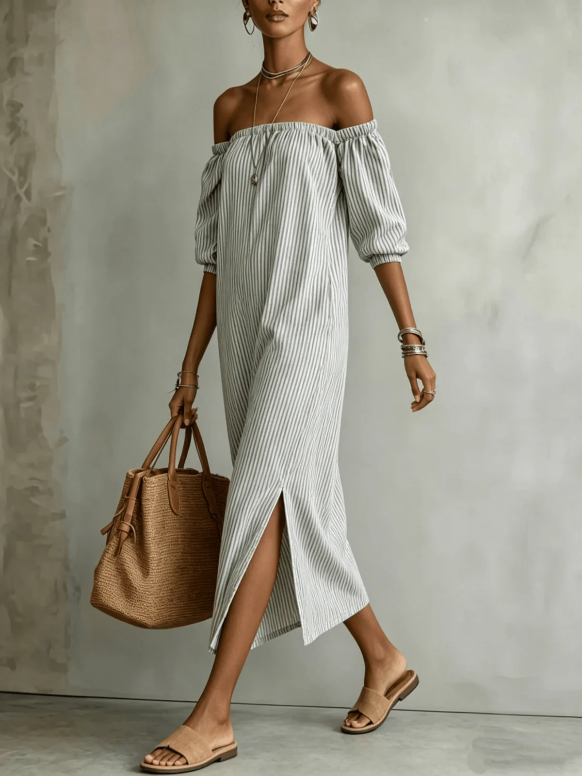 Chic YC Women's Striped Off-Shoulder Maxi Dress 3/4 Sleeve Summer Casual Linen Blend Dress - Image 3