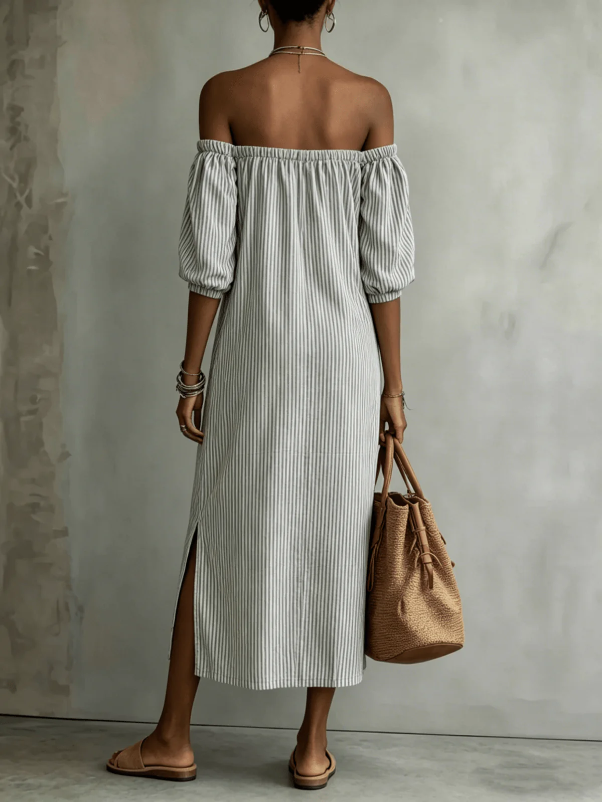 Chic YC Women's Striped Off-Shoulder Maxi Dress 3/4 Sleeve Summer Casual Linen Blend Dress - Image 4