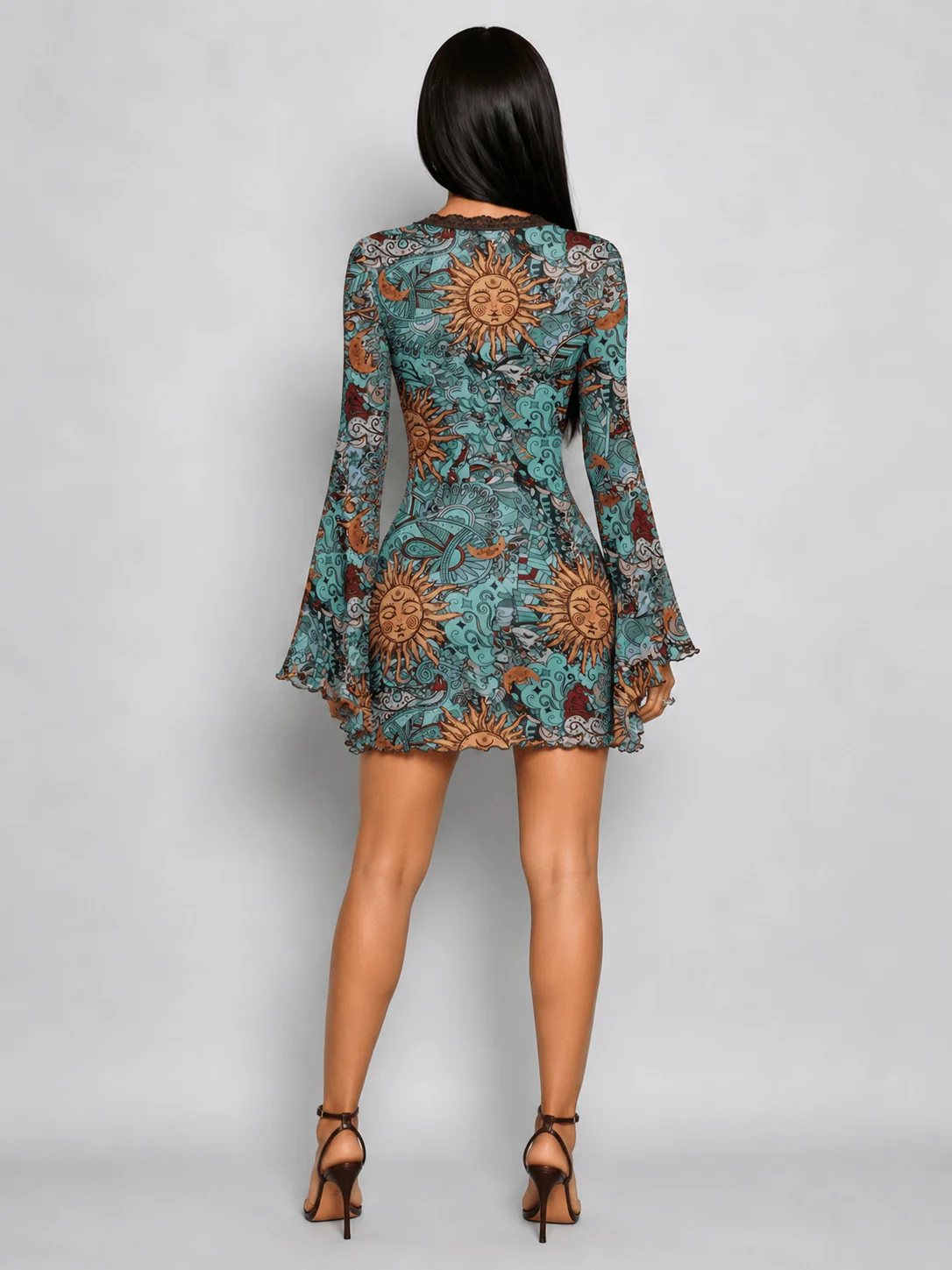Chic YC Women's Sun Print Lace Trim Bell Sleeve Mini Dress V-Neck Summer Boho Bodycon Dress - Image 5