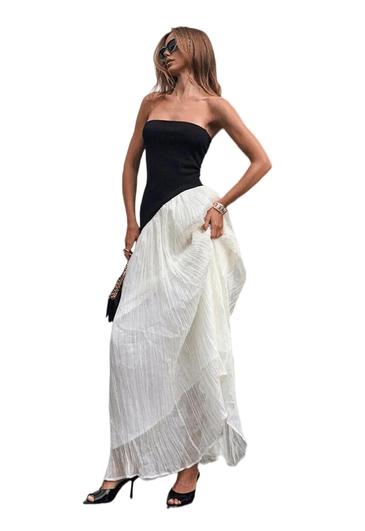 Chic YC Women's Two Tone Strapless Maxi Dress Elegant High Low Party Bodycon Dress - Image 3