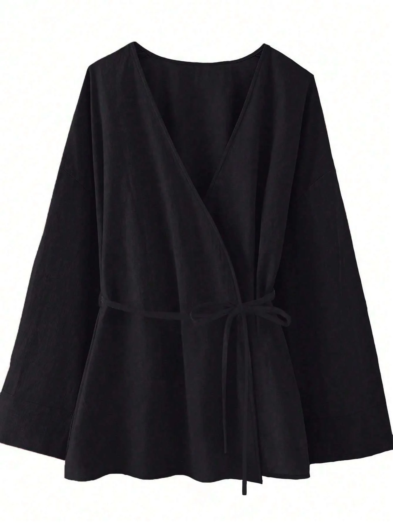 Chic YC Women's Wrap V-Neck Kimono Blouse Long Sleeve Tie Waist Casual Cotton Tunic Top