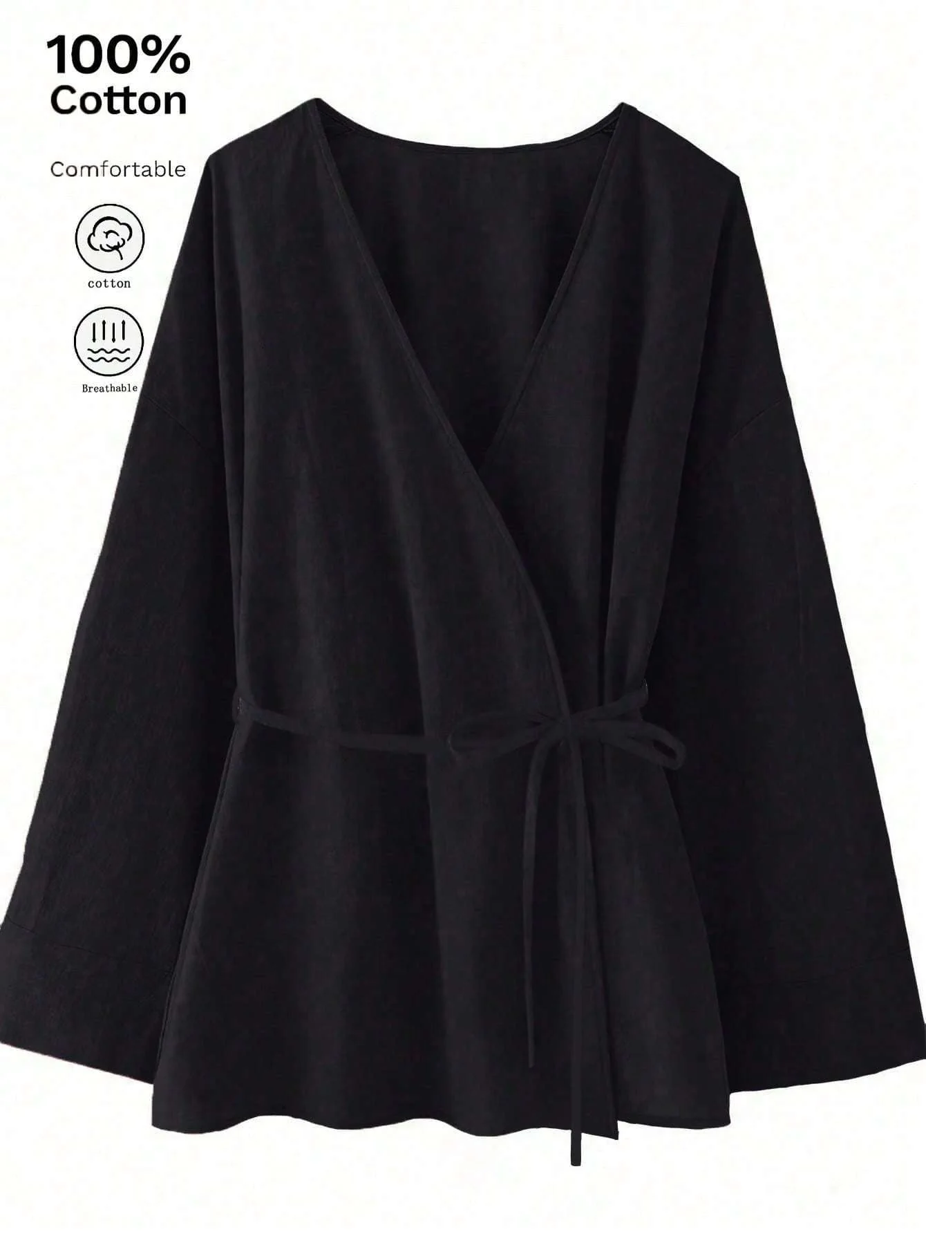 Chic YC Women's Wrap V-Neck Kimono Blouse Long Sleeve Tie Waist Casual Cotton Tunic Top - Image 2