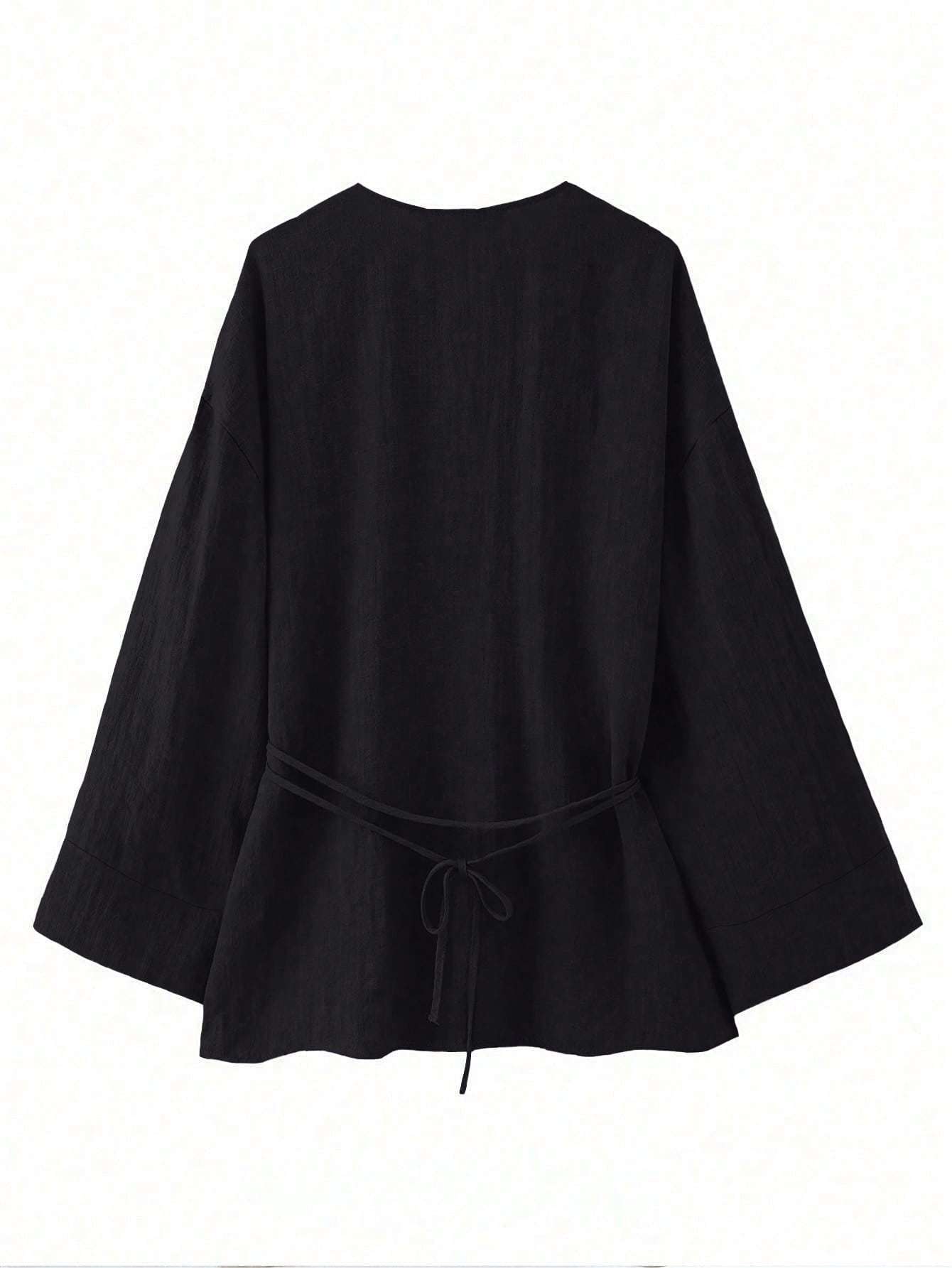 Chic YC Women's Wrap V-Neck Kimono Blouse Long Sleeve Tie Waist Casual Cotton Tunic Top - Image 4