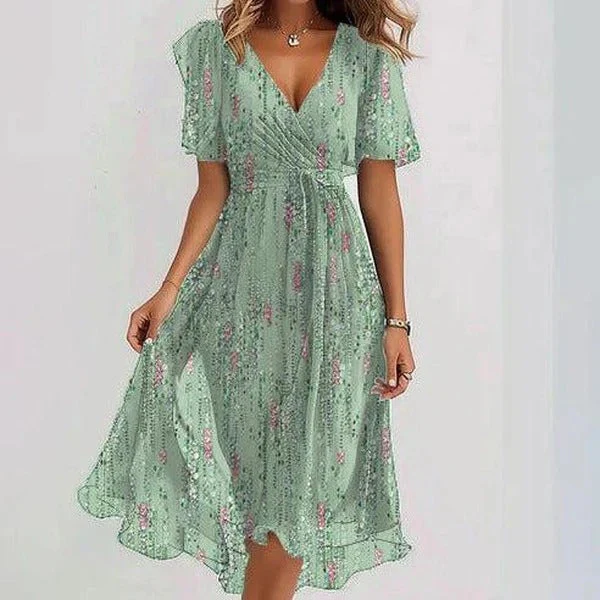 Chiffon Print V-Neck Dress – Elegant Two-Piece Set Midi Dress - Image 13