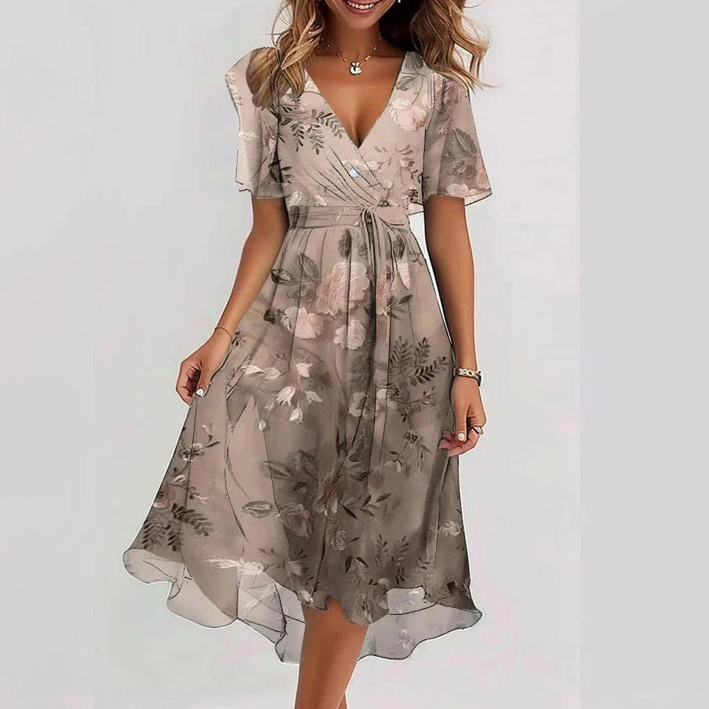 Chiffon Print V-Neck Dress – Elegant Two-Piece Set Midi Dress - Image 5