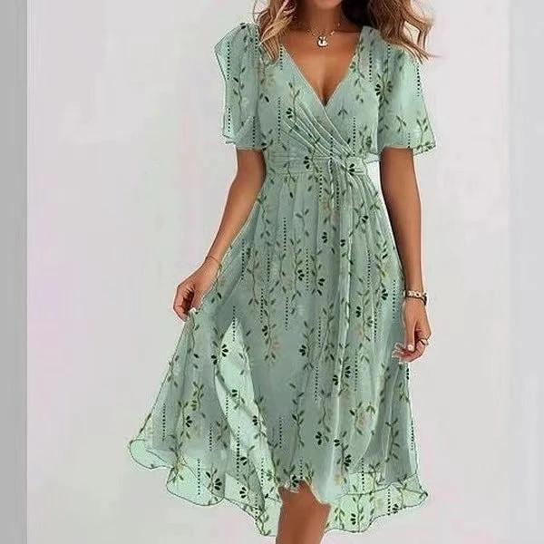 Chiffon Printed Short Sleeve Dress Summer Elegant V-neck Dresses Womens Clothing - Image 10