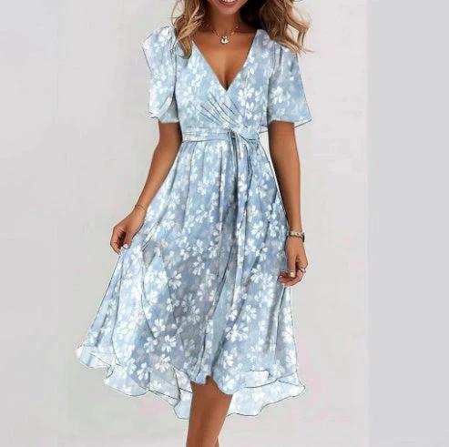 Chiffon Printed Short Sleeve Dress Summer Elegant V-neck Dresses Womens Clothing - Image 3