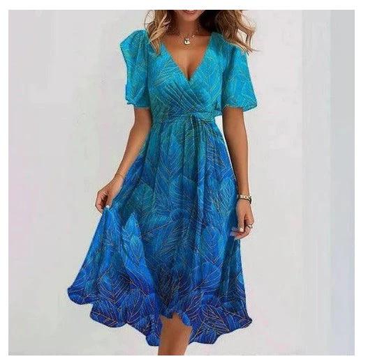 Chiffon Printed Short Sleeve Dress Summer Elegant V-neck Dresses Womens Clothing - Image 6