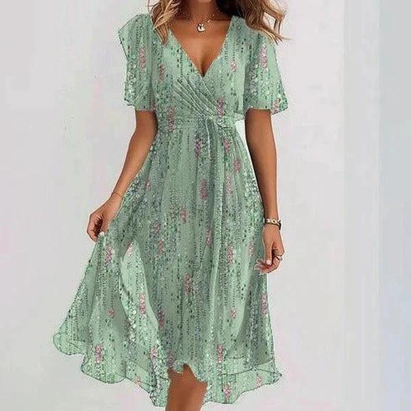 Chiffon Printed Short Sleeve Dress Summer Elegant V-neck Dresses Womens Clothing - Image 8