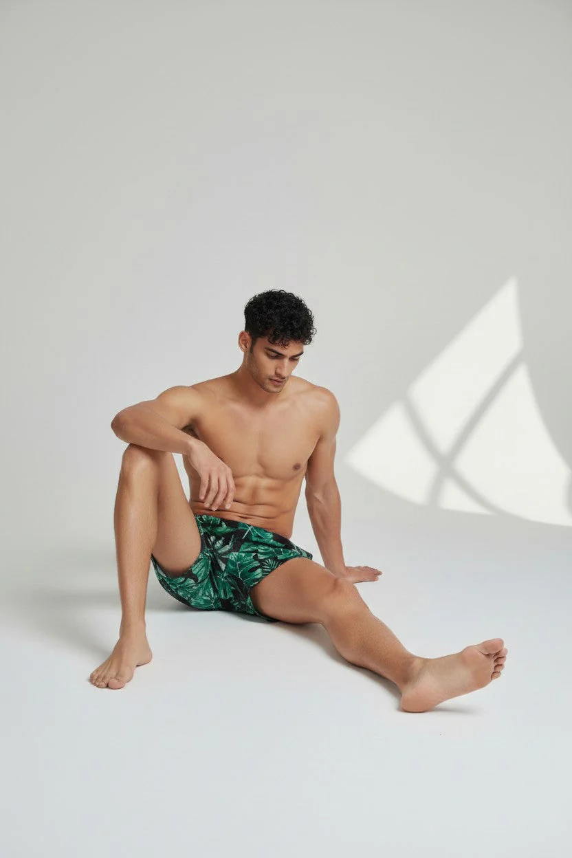 Christian Audigier Low Waist Swim Shorts. Black Print & Green Palm Leaves BMS6190013M - Image 3