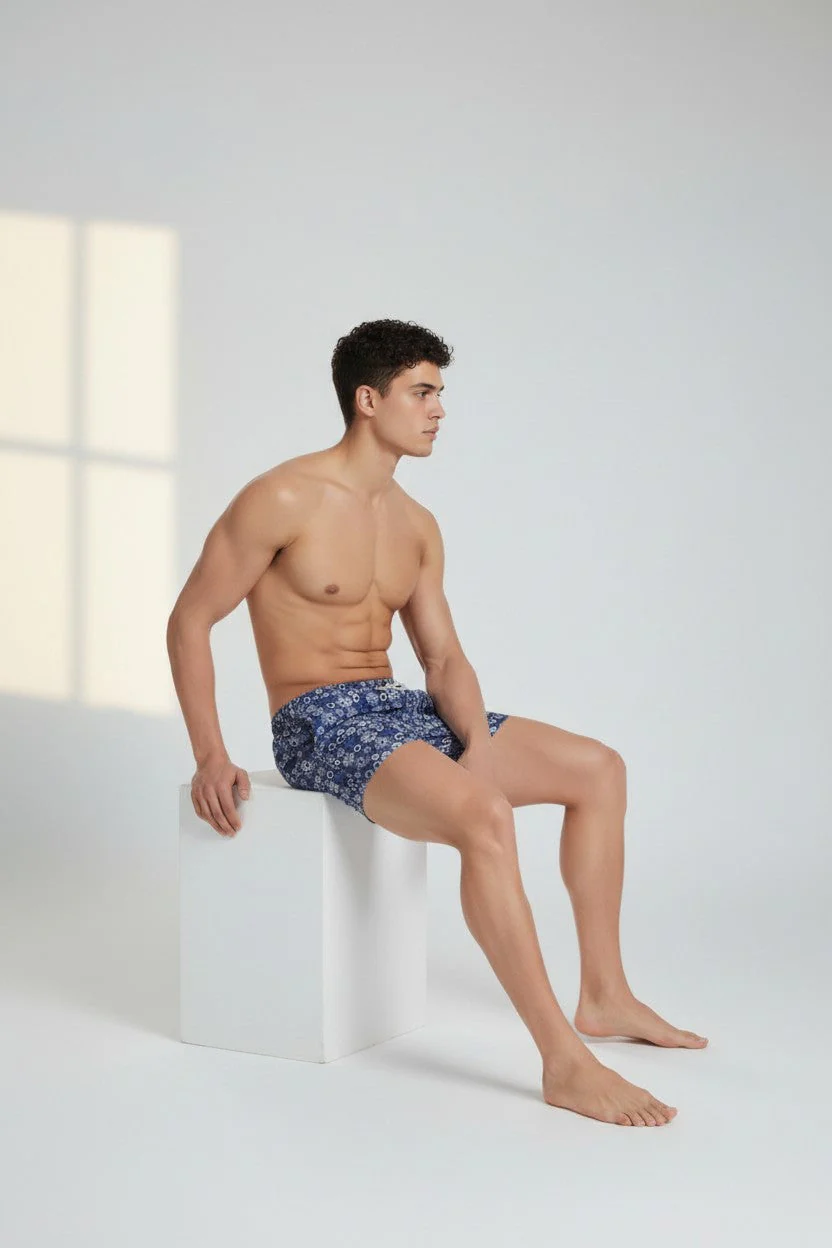 Christian Audigier Low Waist Swim Shorts White and Blue Nautical Print, Deep Blue Background BMS619004M - Image 3