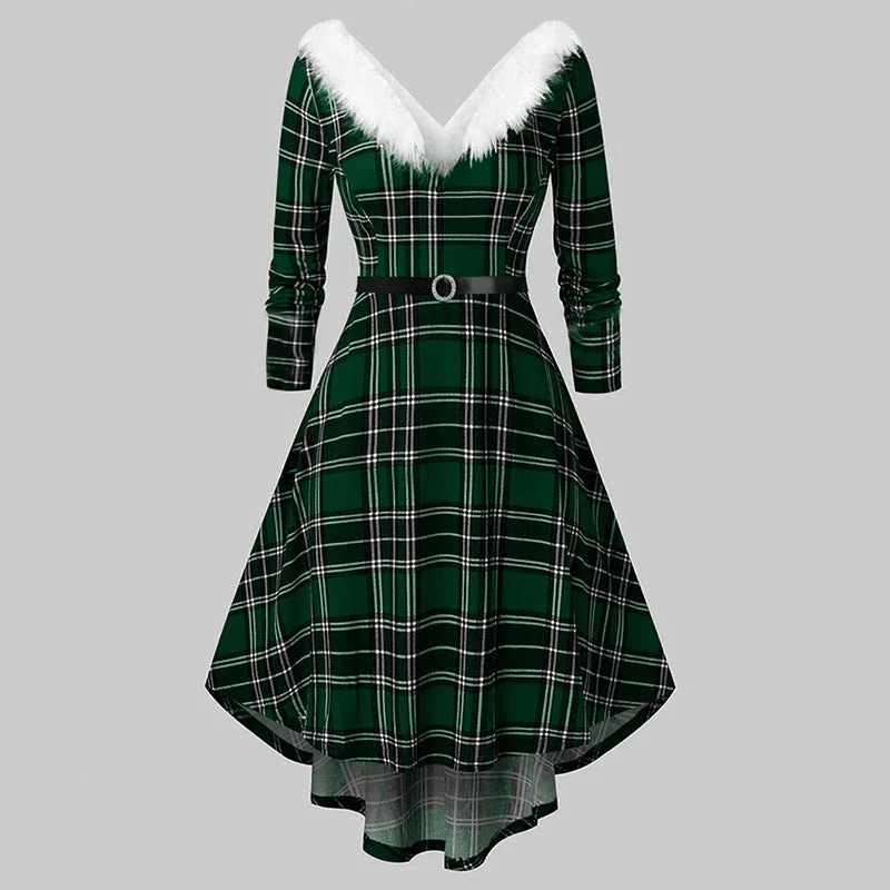 Christmas Women’s Fur Patchwork V-Neck Long-Sleeved Dress - Image 4
