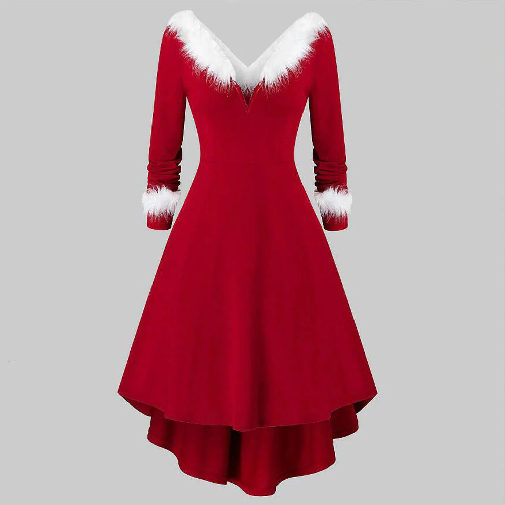 Christmas Women’s Fur Patchwork V-Neck Long-Sleeved Dress - Image 6
