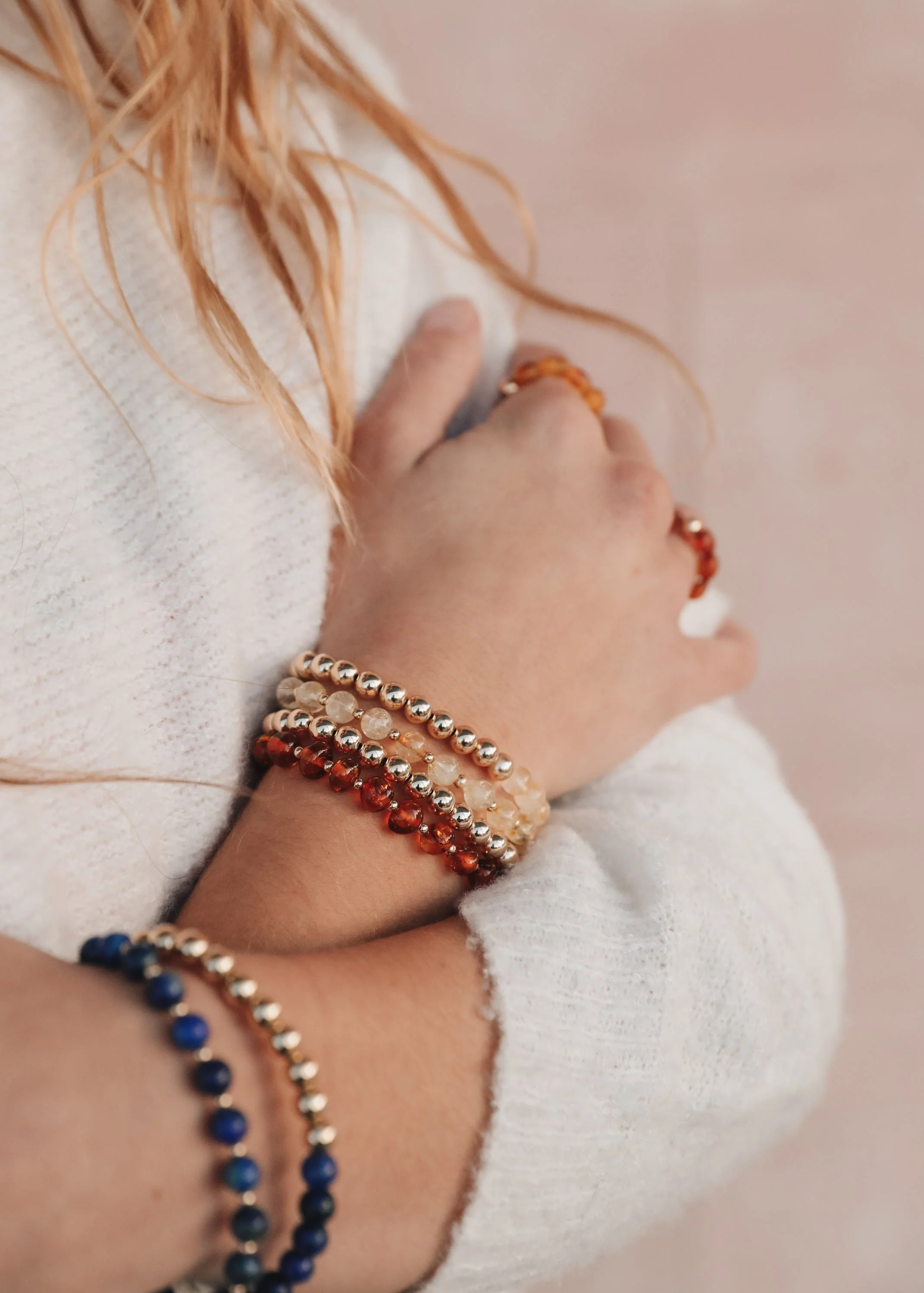Citrine Gemstone + 14K Gold Filled Beaded Stretch Bracelet - Image 2