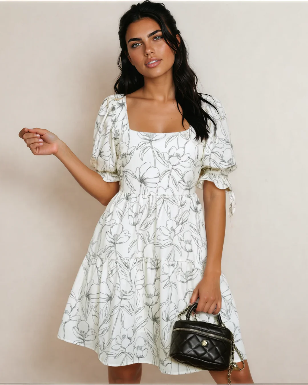 Cleo Square Neck Shirred Back Puff Sleeve Mini Dress - Image 2