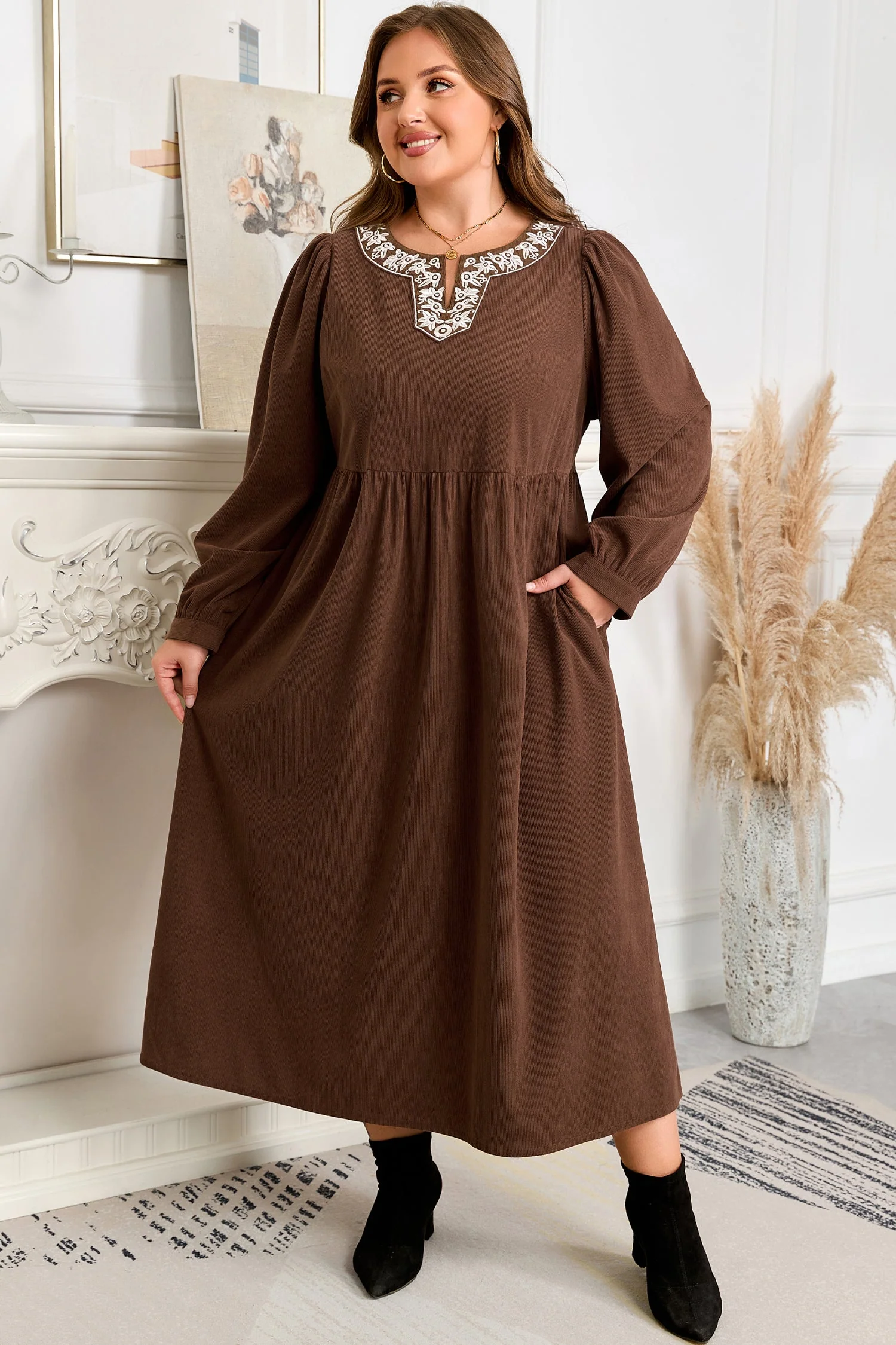 Coffee Embroidered Notched Neckline Textured Pleated High Waist Plus Size Midi Dress - Image 3