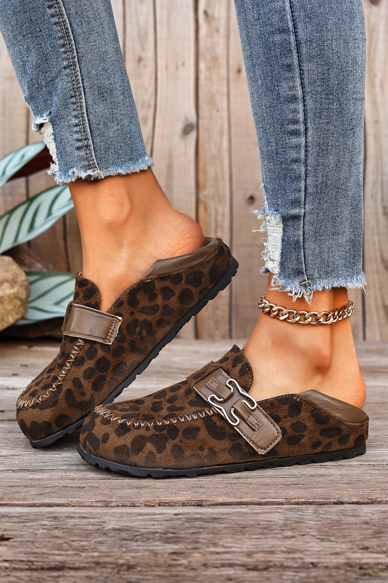 Coffee Faux Suede PU Leather Patchwork Retro Buckle Slip On Shoes - Image 3