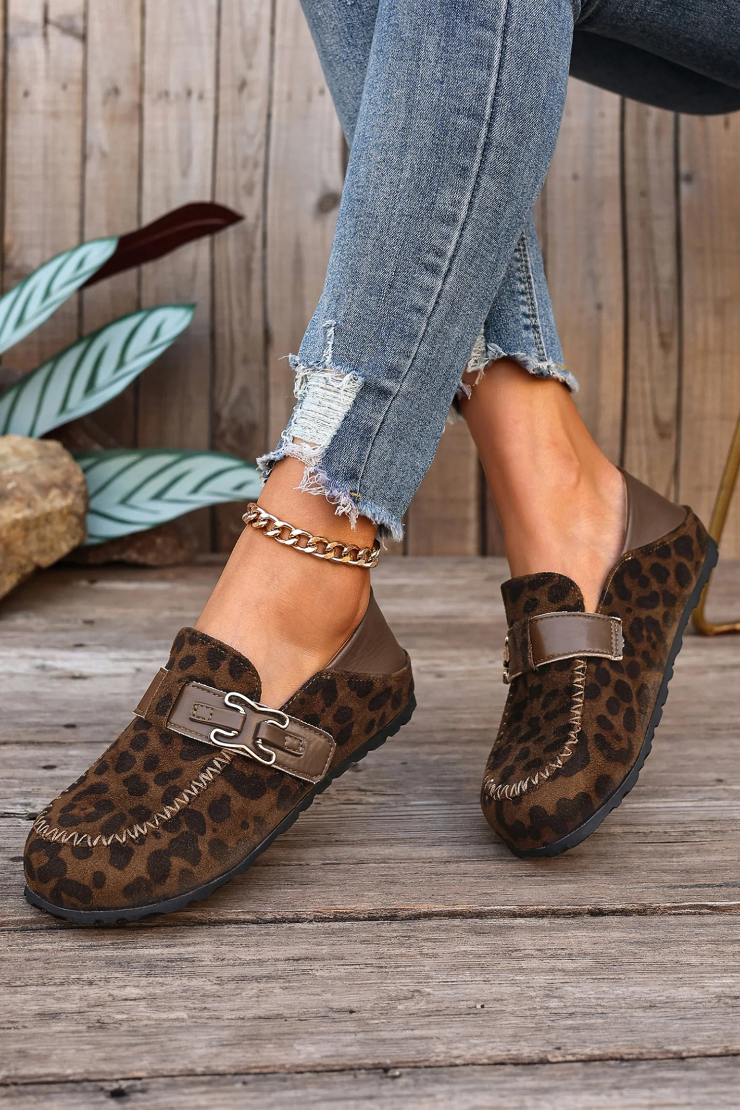 Coffee Faux Suede PU Leather Patchwork Retro Buckle Slip On Shoes - Image 5