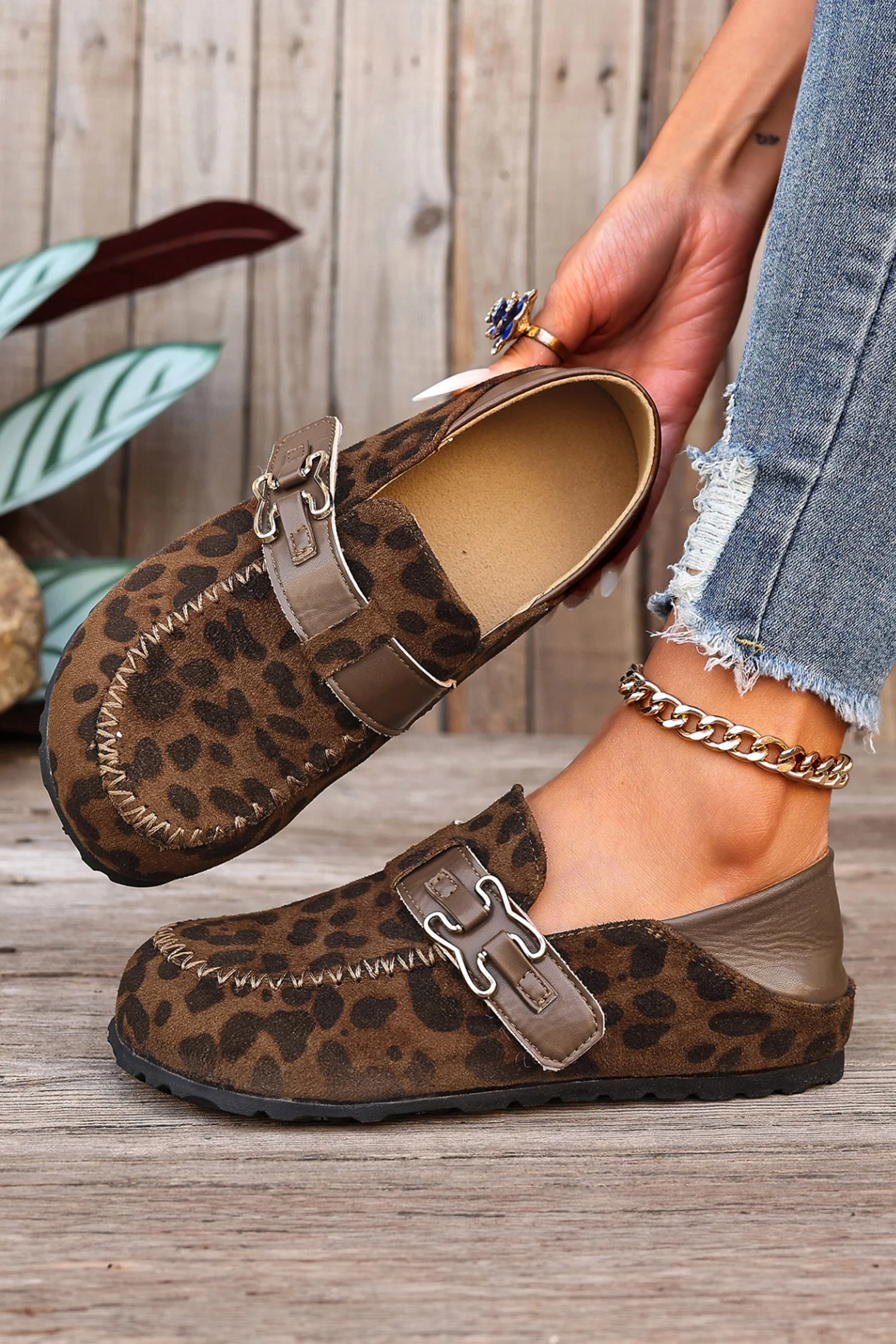 Coffee Faux Suede PU Leather Patchwork Retro Buckle Slip On Shoes - Image 6