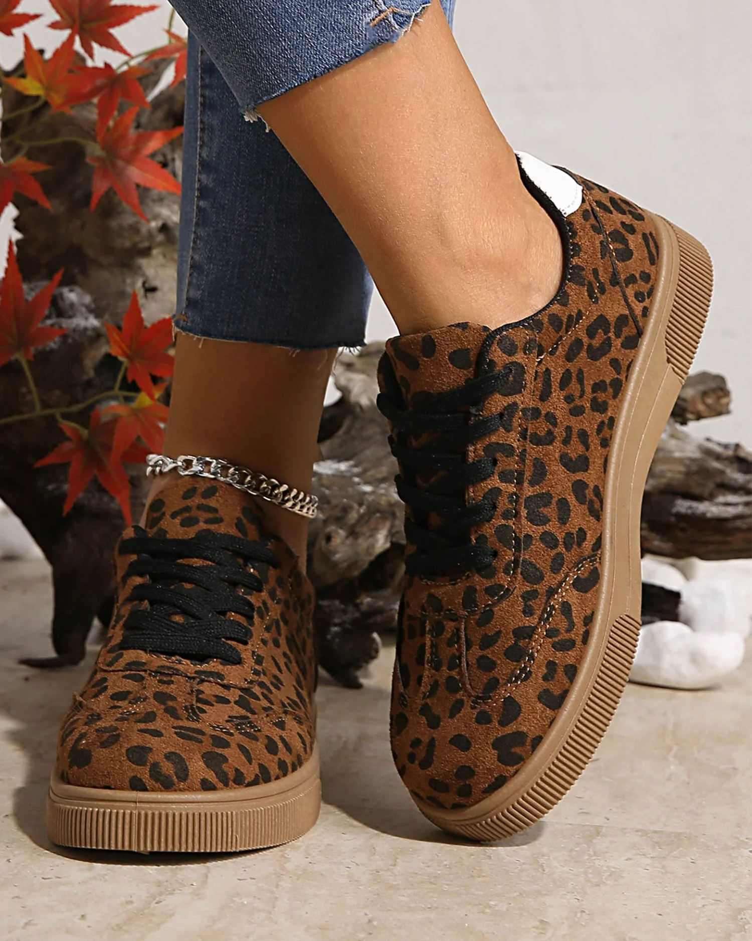 Coffee Leopard Print Contrast Heel Tab Sneaker - Image 3