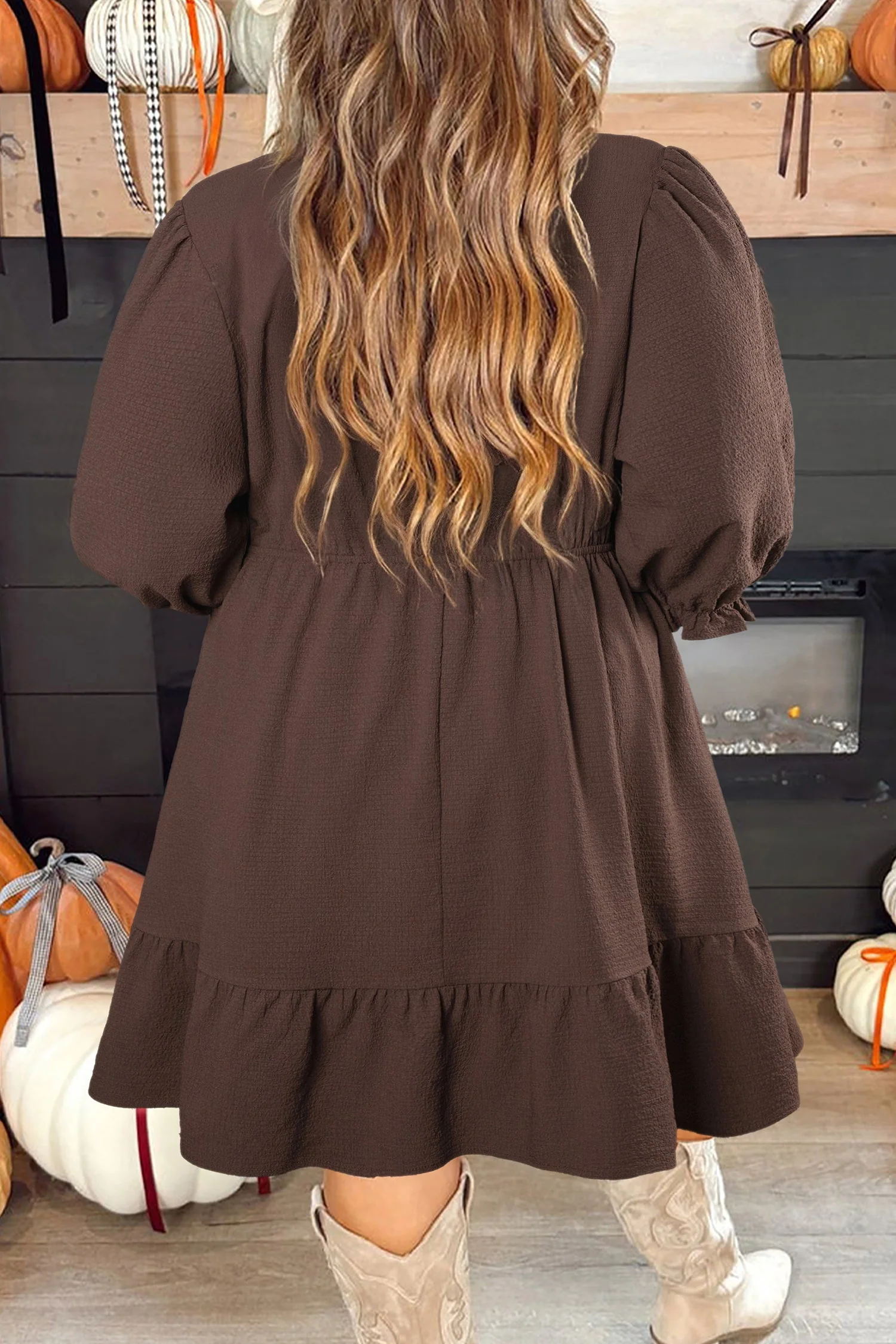 Coffee Plus Size Frilled Trim V Neck Puff Sleeve Textured Mini Dress - Image 2