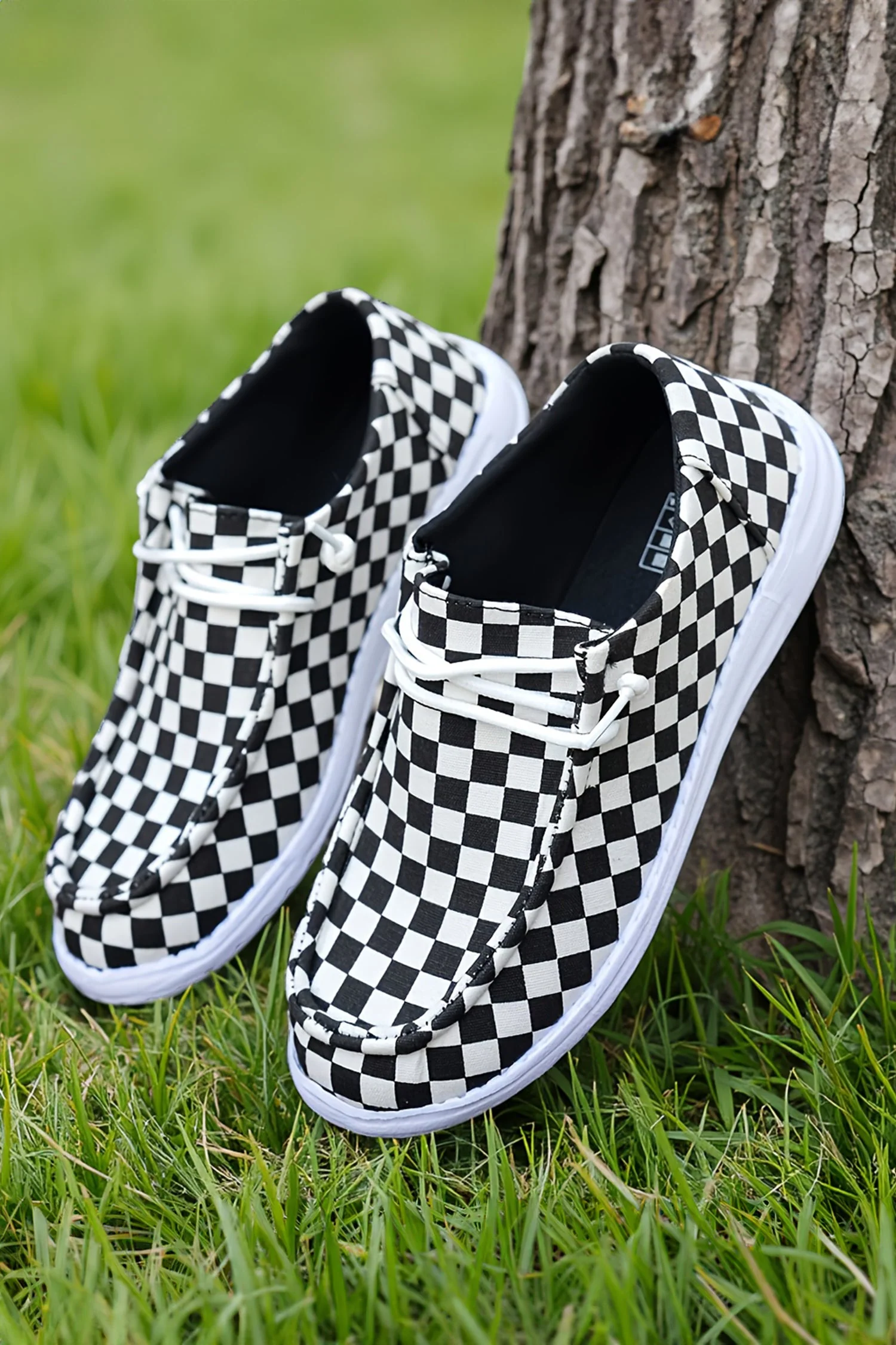 Color black Checkered Print Lace-up Detail Flat Shoes - Image 4