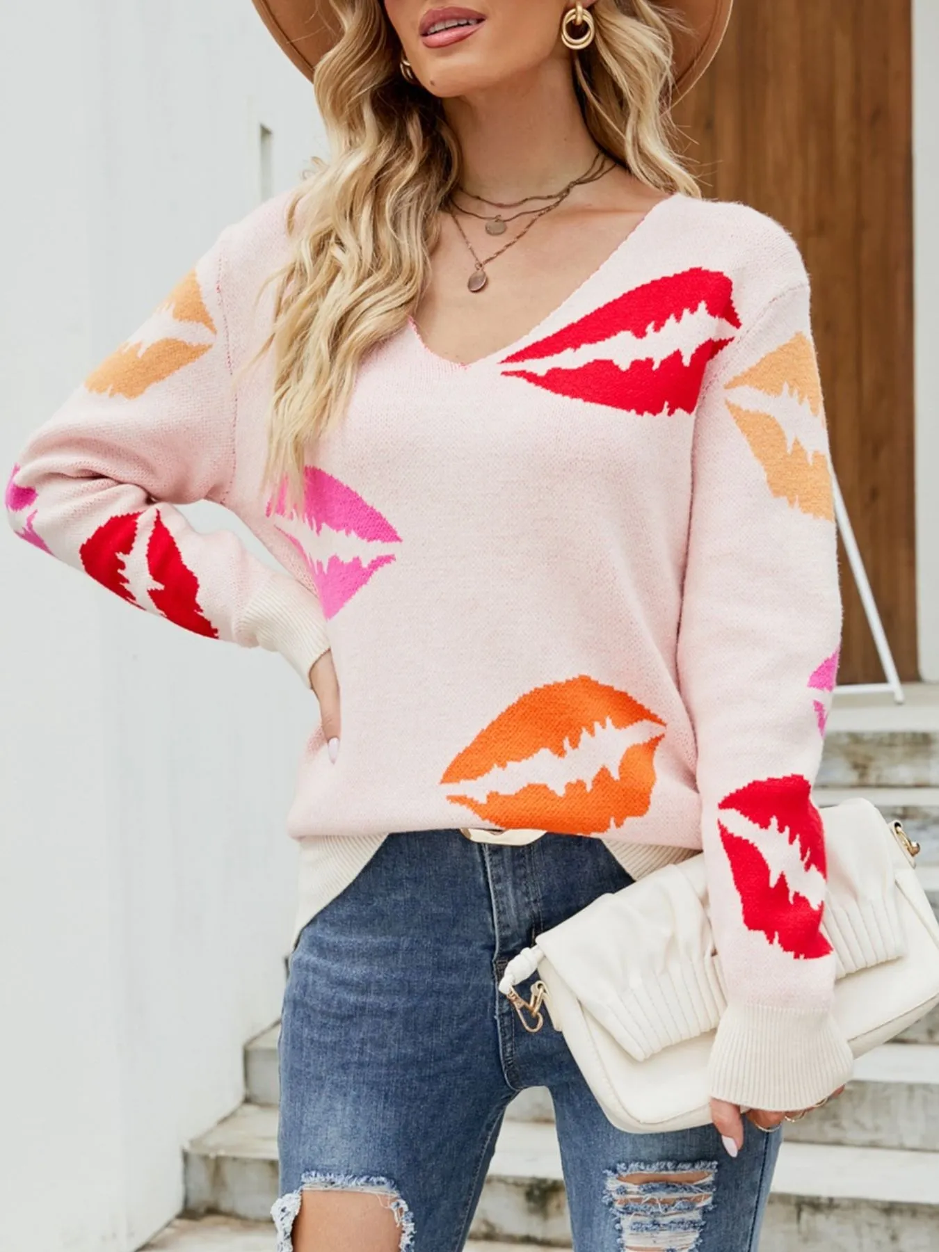 Colorful Lips V-Neck Sweater - Image 6