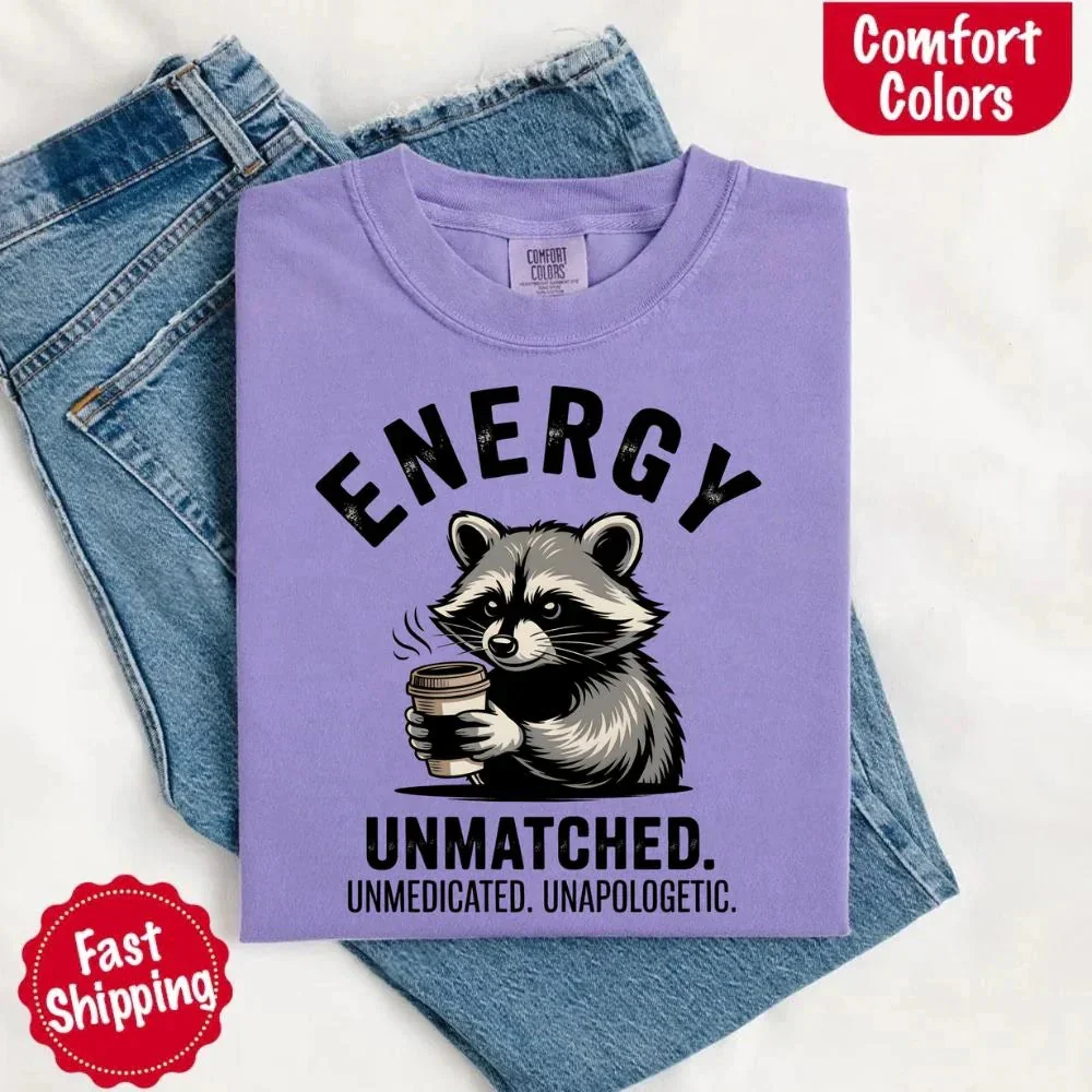 Comfort Colors Energy Unmatched Raccoon Coffee Funny T-Shirt - Image 2