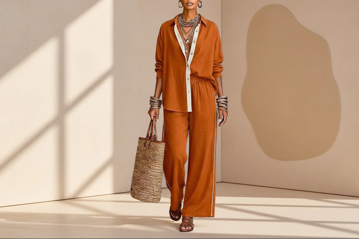Contrast-Color Long-Sleeve Shirt & Pants Set – Two-Piece - Image 2