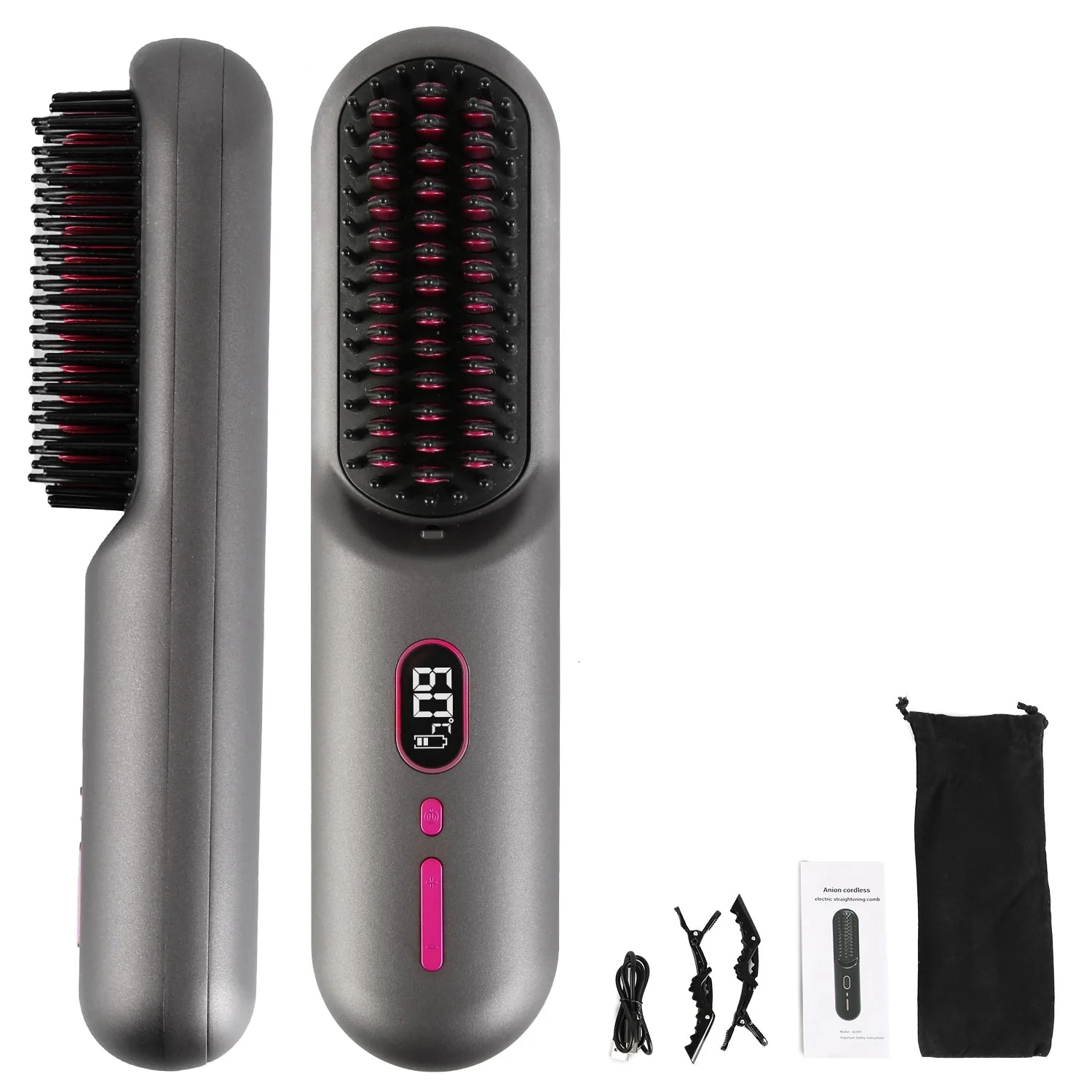 Cordless Negative Ion Hair Straightener Brush Rechargeable Mini Styling Comb with 12 Heating Levels Anti-scald 30S Preheating 30Mins Auto Sleep LCD Di - Image 2
